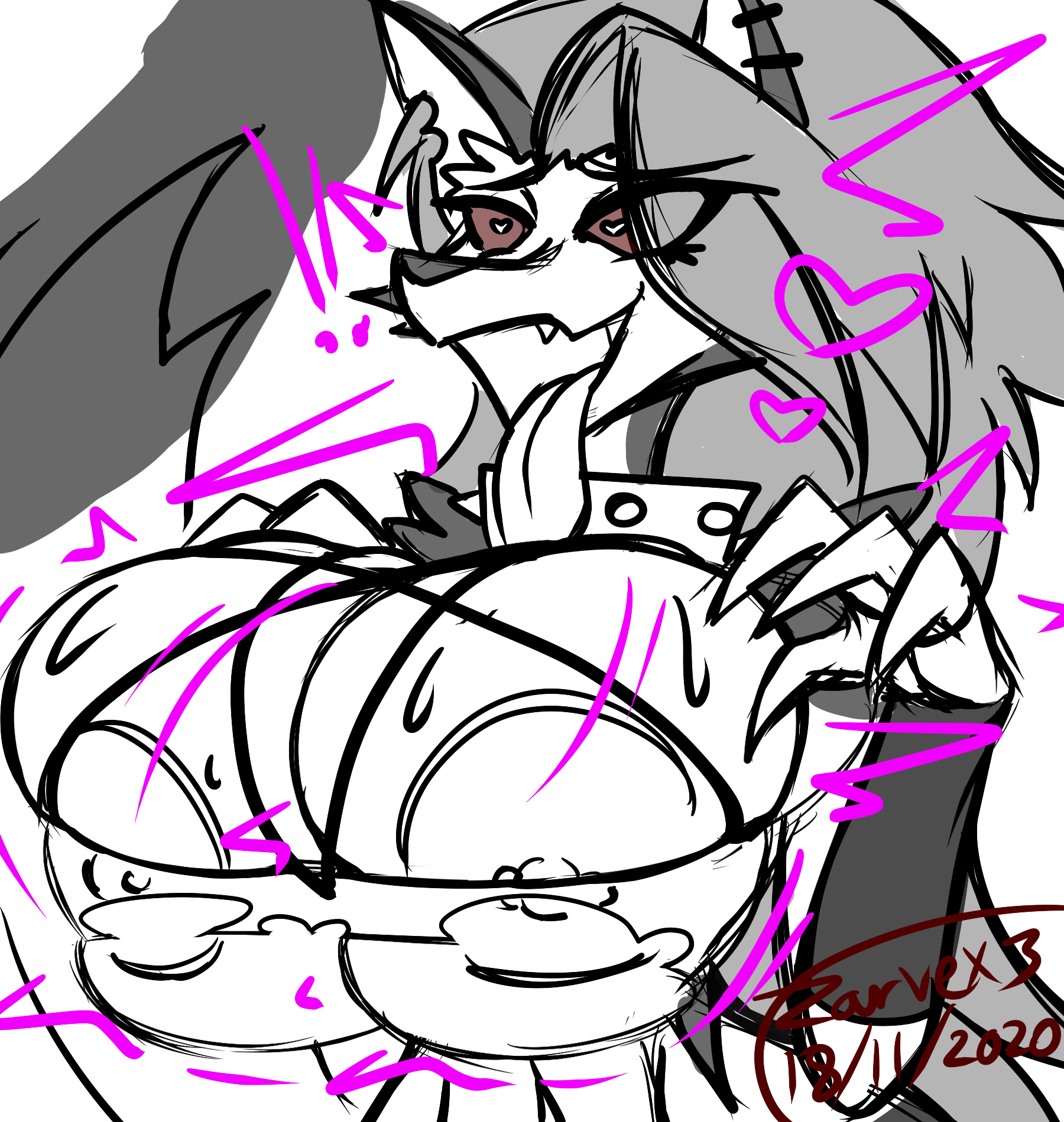 1boy, 1girls, ahe gao, anthro, big breasts, breasts, canine, collar, demon, demon girl, fangs, female, happy, heart, heart-shaped pupils, hellhound, helluva boss, huge breasts, human, large breasts, loona (helluva boss), male, male human/female anthro, male human/female demon, nipple piercing, nipples, open mouth, penis, penis awe, piercing, ripped clothing, ripping, smile, teeth, tongue, tongue out, vivienne medrano, wolf, zarvex3