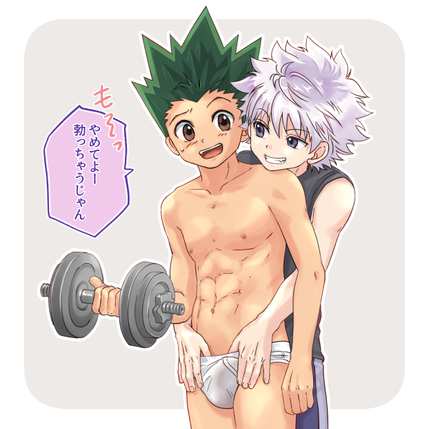 2boys, blue eyes, blush, brown eyes, bulge, dark hair, dominant male, gay, gon freecss, hand in panties, hand in underwear, hunter x hunter, japanese text, killua zoldyck, light skin, light-skinned male, male, male only, pale skin, pale-skinned male, silver hair, smirk, tan body, tan skin, teasing, translated, twink, underwear, weightlifting, weights, white underwear, yaoi