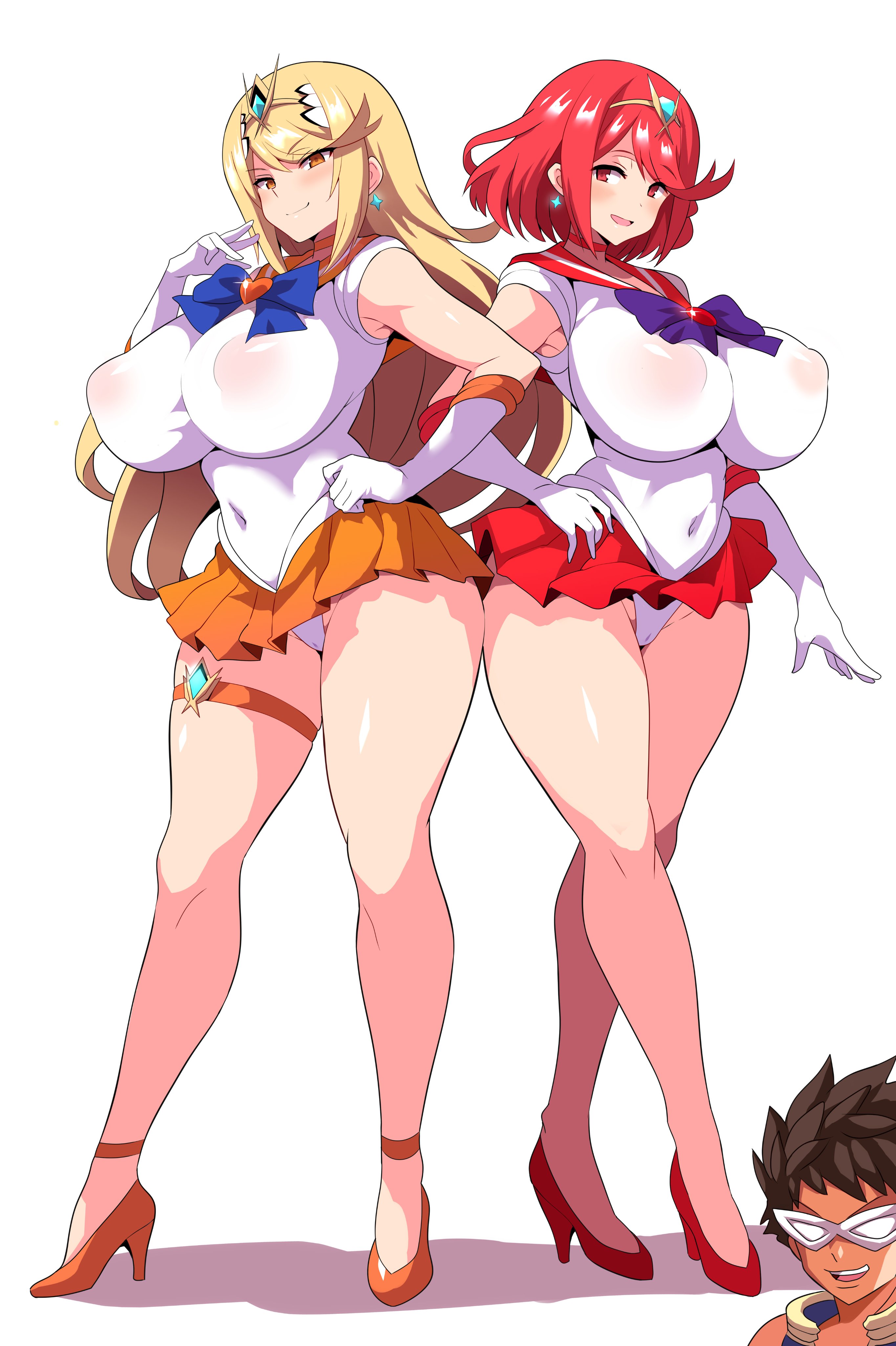1boy, 2girls, belly button, big breasts, bishoujo senshi sailor moon, blonde, blonde female, blonde hair, blonde-haired female, breasts, clothing, cosplay, crossover cosplay, female, female focus, gold eyes, hair, high heels, highres, hips, huge breasts, konno tohiro, large breasts, light skin, light-skinned female, male, mythra, naughty face, navel, navel visible through clothes, nintendo, orange eyes, orange skirt, pantyhose, pyra, red eyes, red hair, red skirt, redhair, rex (xenoblade), sailor mars (cosplay), sailor venus (cosplay), short hair, simple background, skirt, thick thighs, thighs, underwear, white background, white panties, wide hips, xenoblade (series), xenoblade chronicles 2