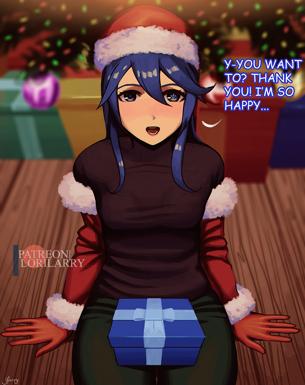 1girls alternate_costume blue_eyes blue_hair blush breasts christmas christmas_tree english_text female female_only fire_emblem fire_emblem_awakening gift gloves hair_between_eyes indoors inviting long_hair long_sleeves looking_at_viewer lorilarry lucina_(fire_emblem) nintendo open_mouth shirt sitting small_breasts solo symbol-shaped_pupils text thank_you tree