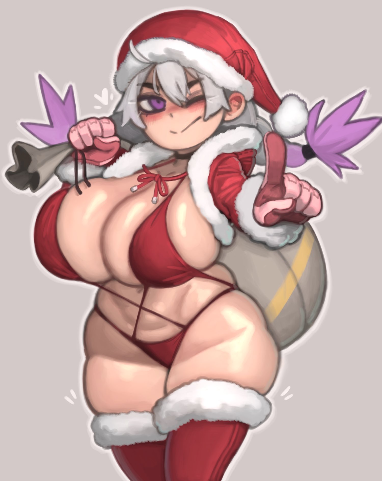 1girls, bikini, blush, breasts, choker, christmas, female, gloves, hi res, hips, kelvin hiu, large breasts, light skin, light-skinned female, naughty face, one eye closed, original, original character, pointing, pointing at viewer, purple eyes, santa hat, shortstack, skindentation, swimsuit, thick thighs, thighhighs, thighs, twin braids, violet (kelvin hiu), white hair, wide hips, wink