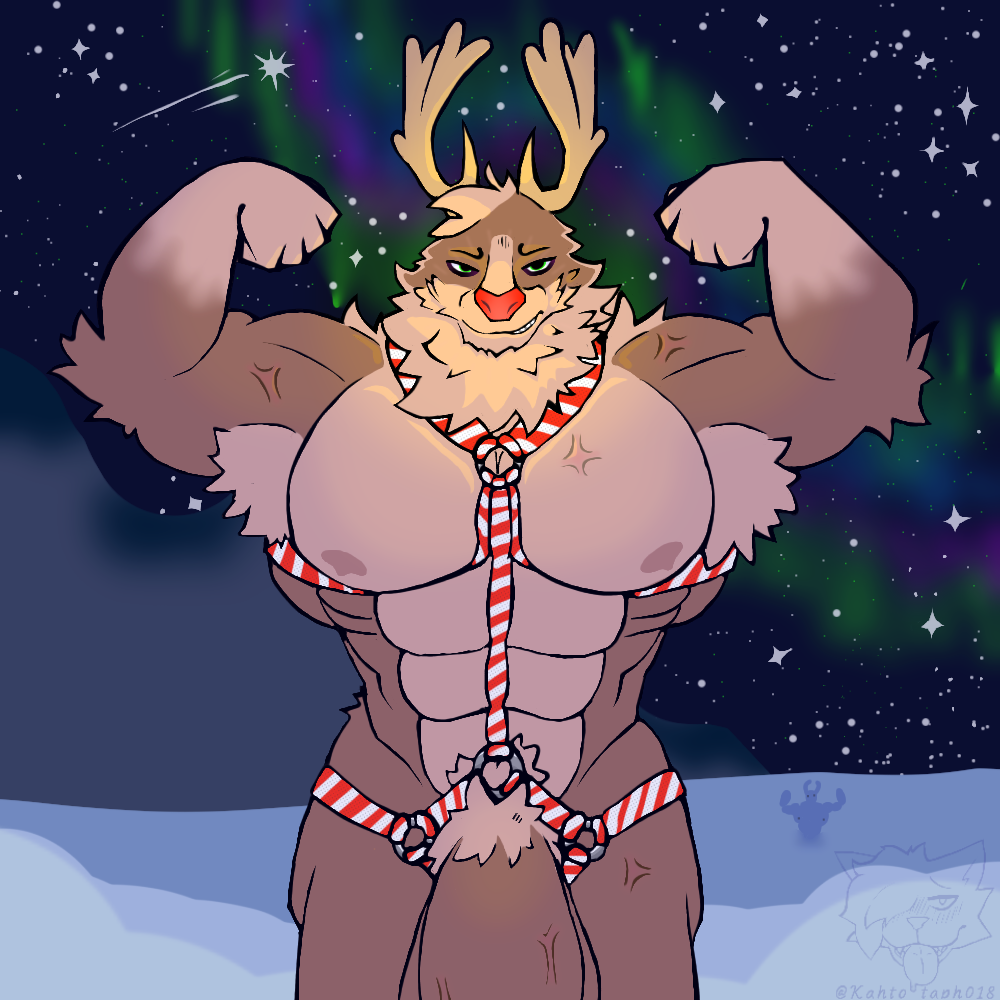 abs anthro antlers armpit_hair armpit_tuft artist_logo aurora_(phenomenon) balls big_balls big_penis body_hair bondage christmas deer flexing flexing_biceps fur genitals glowing glowing_nose green_eyes hair harness holidays horn huge_cock humanoid hyper hyper_genitalia hyper_penis kahto_taph42 light lighting logo looking_at_viewer male mammal merry_christmas muscular muscular_male new_world_deer nipples nude pecs penis pubes red_nose reindeer rudolph_the_red-nosed_reindeer shaded signature smile smiling_at_viewer smirk solo tufted_fur