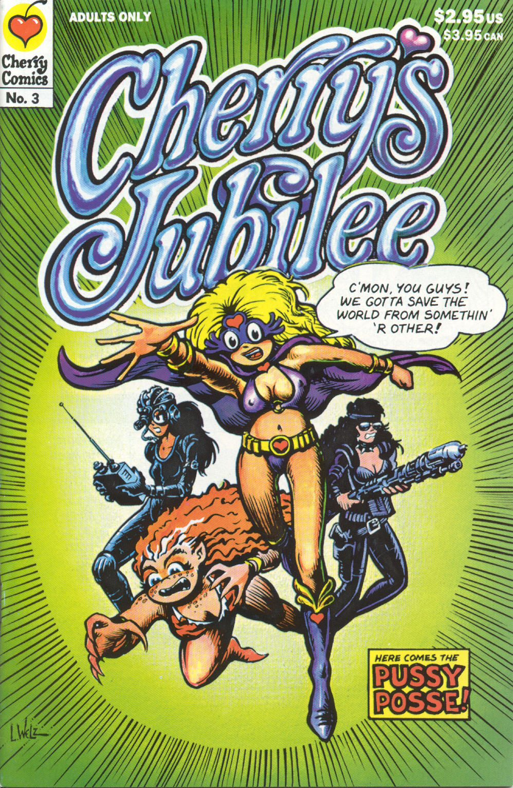 4girls biker biker_clothes biker_girl black_bodysuit black_hair blonde_hair boots cape catgirl cherry_poptart cherry_poptart_(comic) claws comic comic_cover cyborg ellie_dee freckles gold_bracelets golden_bracelets gun hero_costume larry_welz leather_boots leather_gloves leather_jacket lola_palooza mask multiple_girls orange_hair patty_melt purple_bikini purple_boots purple_cape purple_mask remote remote_control spiked_collar straight_hair sunglasses super_hero superheroine