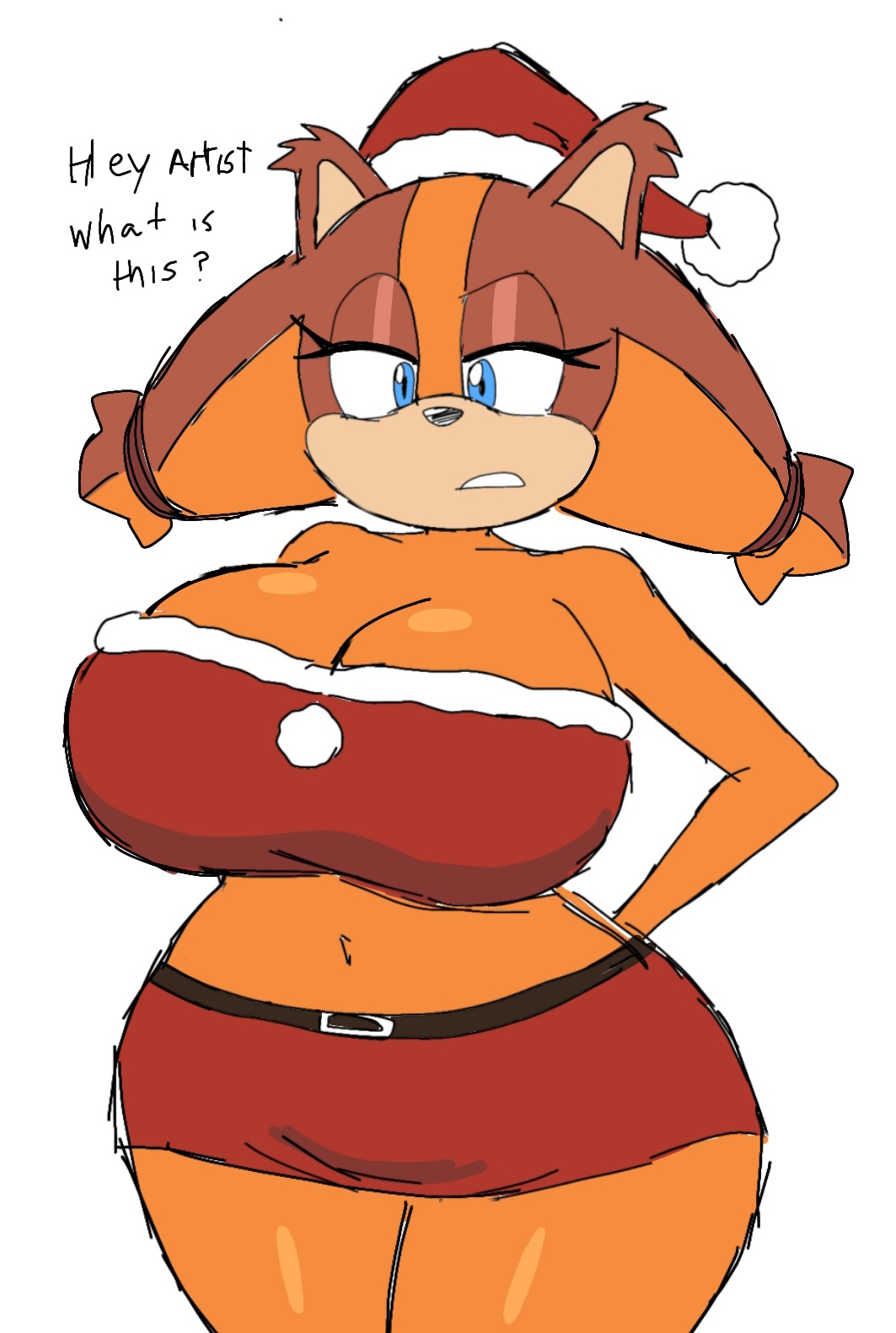 1girls, alternate breast size, anthro, ass, big ass, big breasts, boob window, breasts, christmas, clothed, female, female only, fur, furry, huge breasts, large breasts, momiji (artist), no bra, pov, sega, solo, sonic (series), sonic boom, sonic the hedgehog (series), sticks the badger