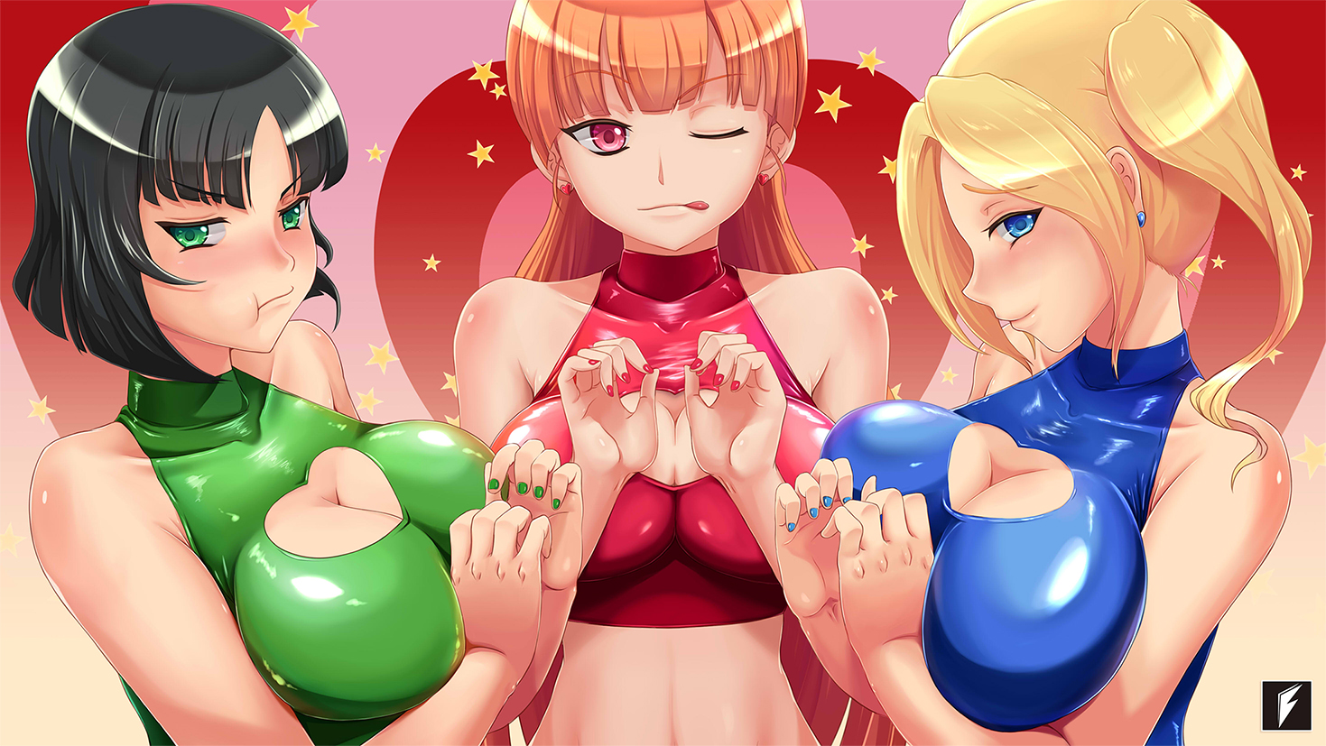 3girls, aged up, black hair, blonde hair, blossom (powerpuff girls), blue clothing, blue eyes, bubbles (powerpuff girls), buttercup (powerpuff girls), cleavage cutout, female, female only, green clothing, green eyes, halter top, halterneck, orange hair, powerpuff girls, red clothing, red eyes, sister, sisters, teng zhai zi