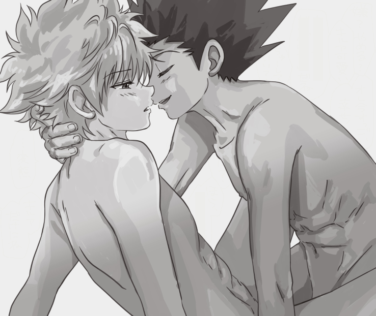 2boys, blush, closed eyes, collarbone, gay, gon freecss, hunter x hunter, killua zoldyck, male, male only, monochrome, multiple boys, multiple males, naked, neck, nude, short hair, smile, spiky hair, teenager, yaoi