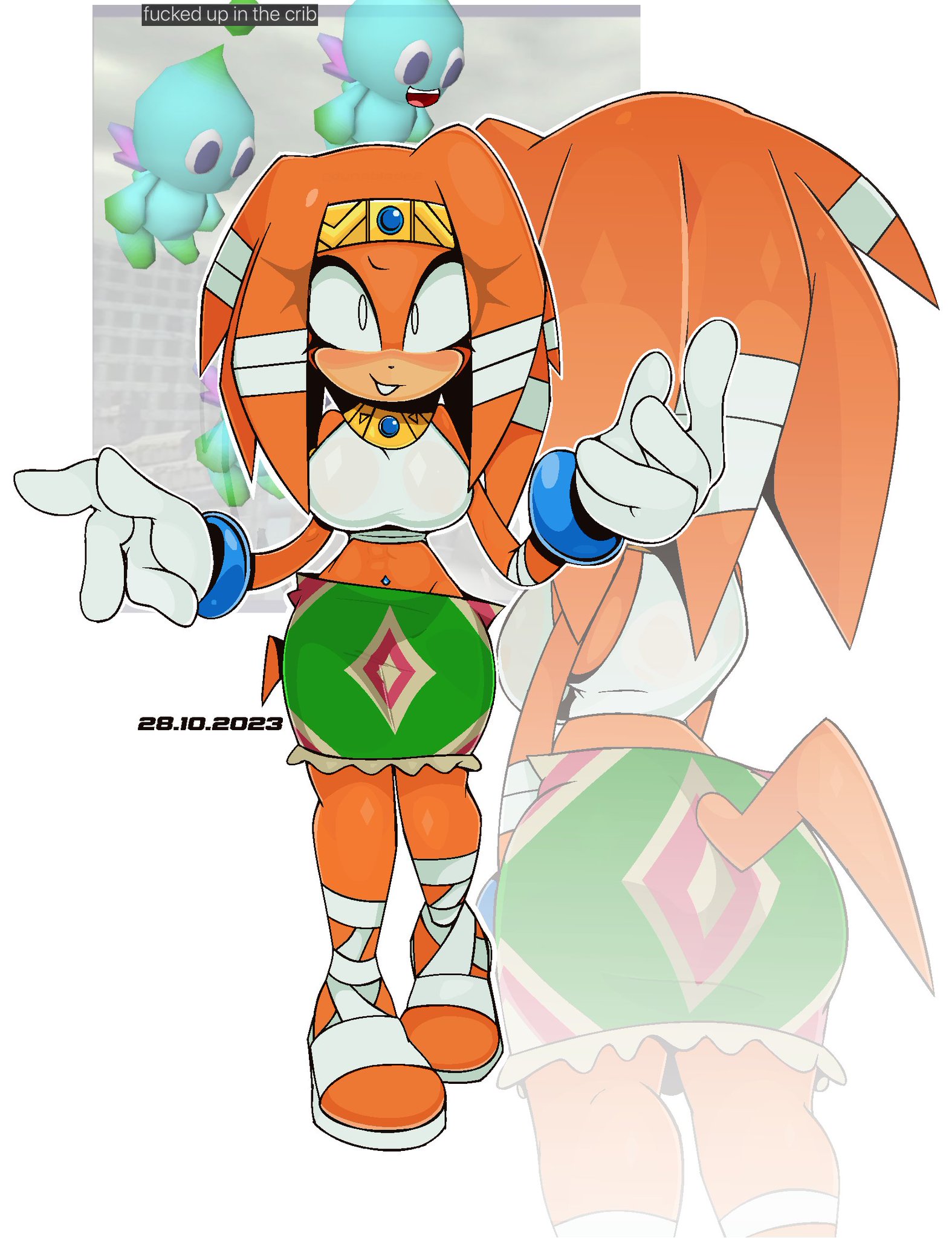 2d, abs, anthro, back view, big breasts, breasts, chao (sonic), curvaceous, curvy, curvy female, curvy figure, curvy hips, curvy thighs, dynablade2, echidna, female, female only, meme, mobian, mobian (species), mobian echidna, navel piercing, orange body, orange fur, orange hair, see-through, see-through clothing, sega, slim waist, sonic (series), sonic adventure, sonic the hedgehog (series), tikal the echidna