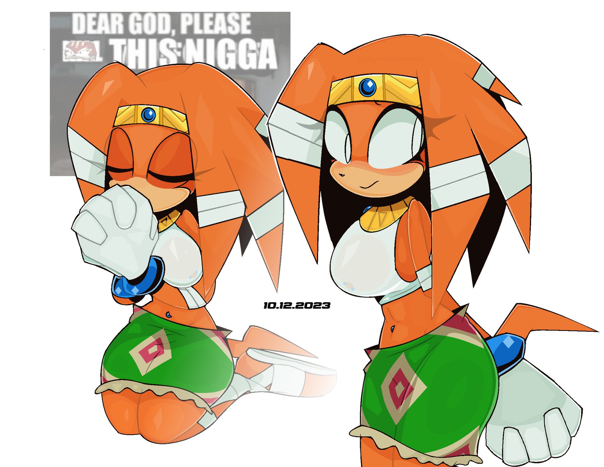 2d, abs, anthro, closed eyes, curvy, dynablade2, echidna, female, meme, meme reference, mobian, mobian (species), mobian echidna, navel piercing, nipple piercing, nipples, orange body, orange fur, orange hair, orange skin, orange tail, piercing, praying, see-through, see-through clothing, sega, sitting, slur, sonic (series), sonic adventure, sonic the hedgehog (series), tikal the echidna, translucent clothing