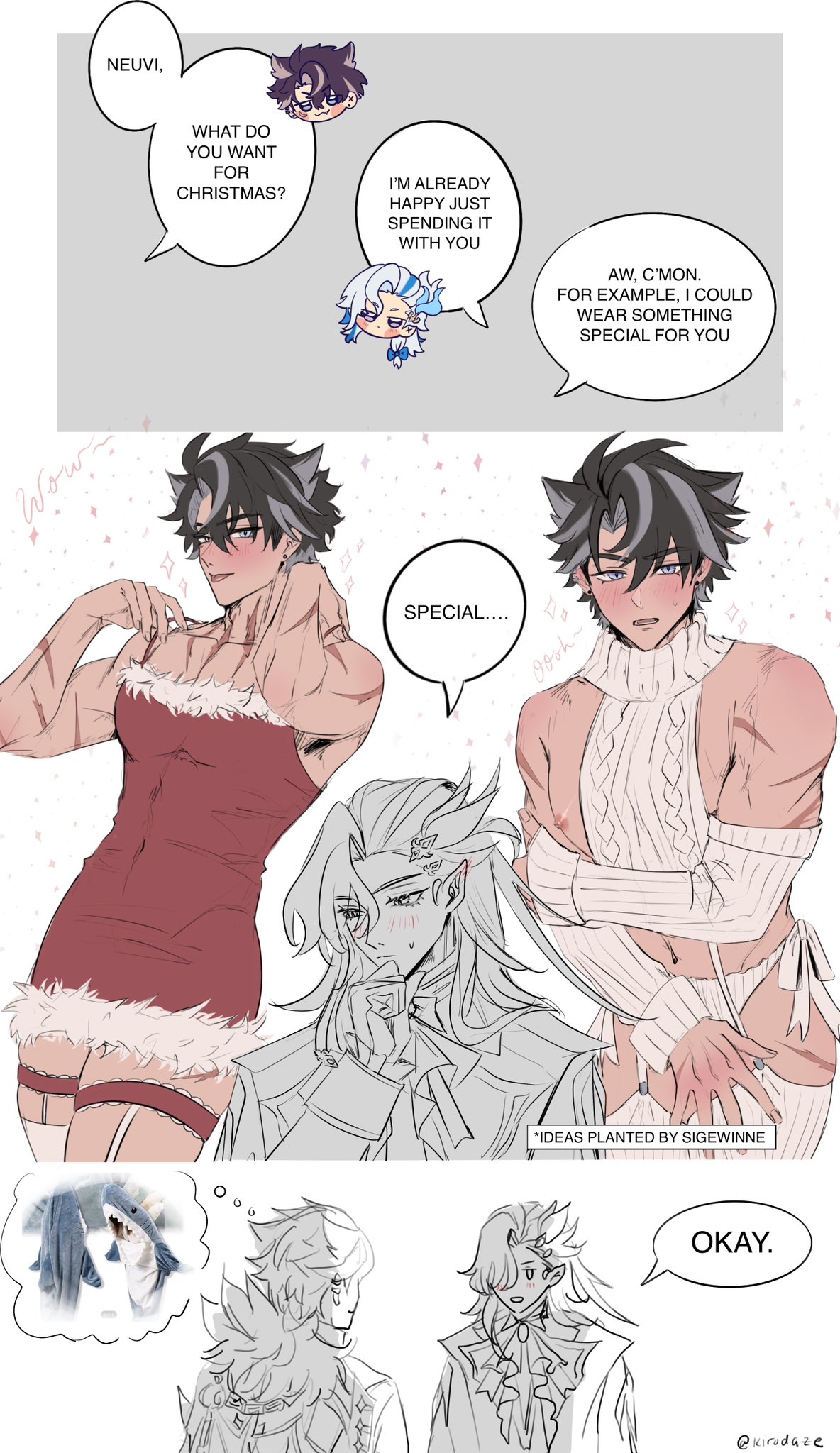 2boys, black hair, blush, christmas, crossdressing, crossdressing male, dress, english text, femboy, femboy dilf, fit, fit male, gay, genshin impact, imagining, kirodaze, lingerie, male, masculine crossdresser, muscular, muscular male, neuvillette (genshin impact), nipples, scar, seductive, submissive, submissive male, sweater, text, white hair, wriothesley (genshin impact), yaoi