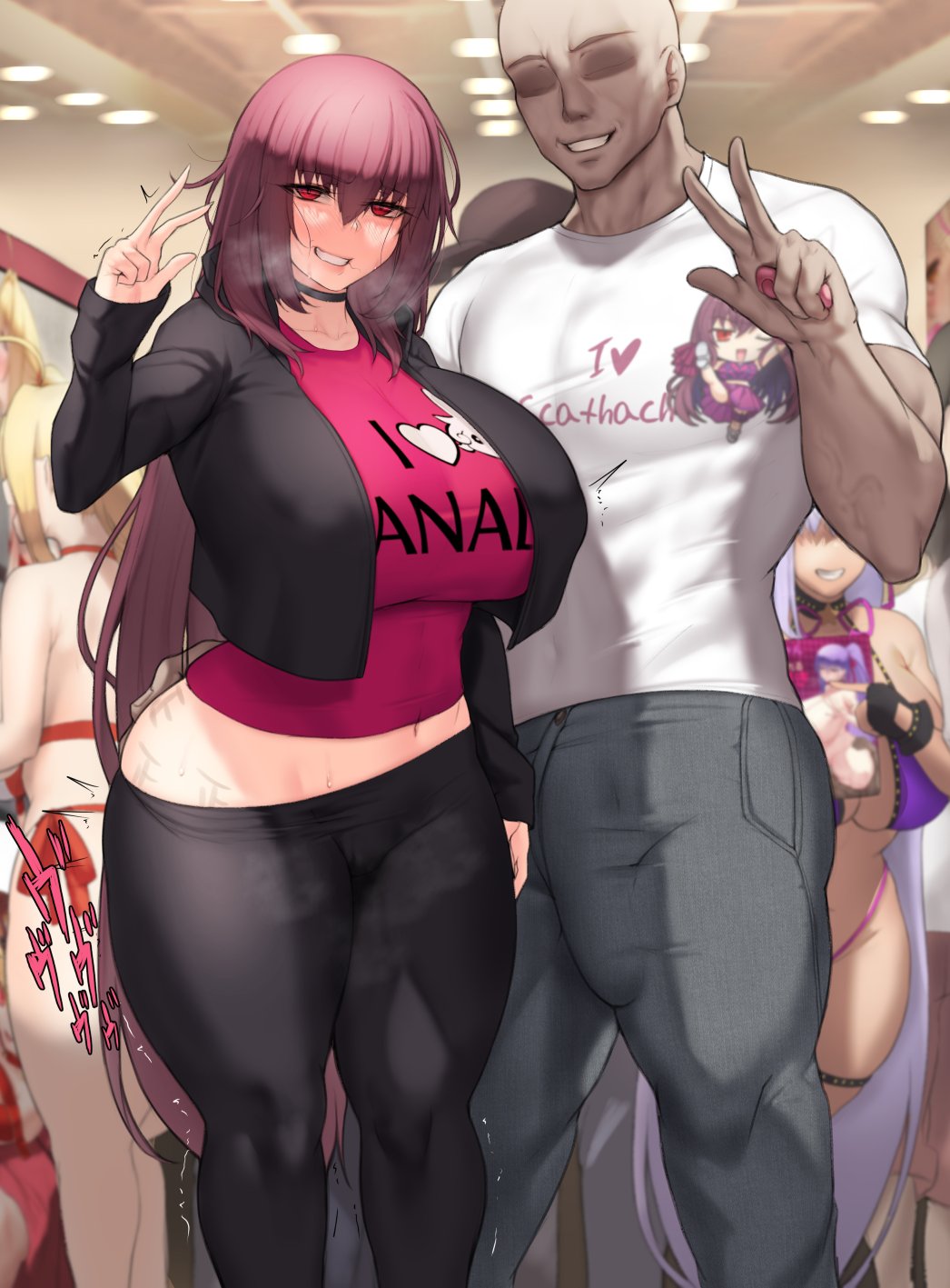 1boy, 1girls, anonymous male, aster crowley, bald, bald male, bb (fate), bb (swimsuit mooncancer), breasts, dark skin, dark-skinned male, faceless male, fate (series), fate/grand order, female, hips, huge breasts, i love anal, indoors, light skin, light-skinned female, long hair, male, nero claudius (swimsuit caster), no nostrils, purple hair, red eyes, scathach (fate), text on clothing, thick thighs, thighs, wide hips
