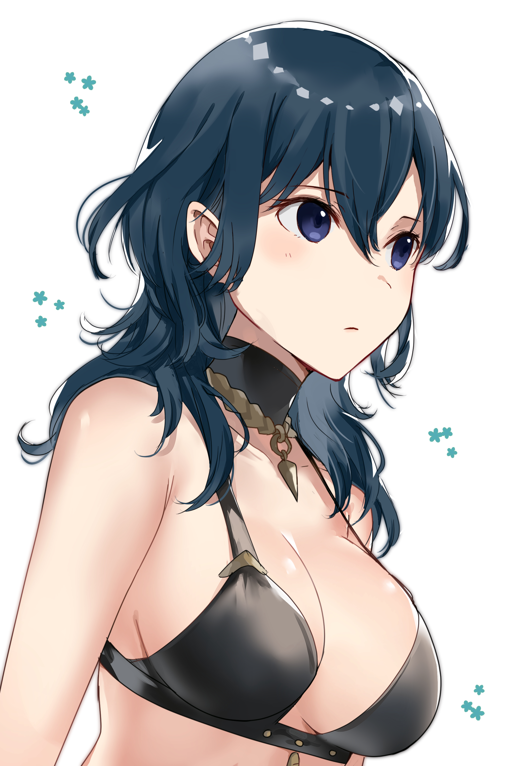 1girls, absurdres, alternate costume, armpit crease, bangs, big breasts, bikini, bikini top, black bikini, black choker, black swimsuit, blue eyes, blue hair, blush, breasts, byleth (fire emblem), byleth (fire emblem) (female), choker, cleavage, closed mouth, commentary request, eyebrows visible through hair, female, female only, fire emblem, fire emblem heroes, fire emblem: three houses, flower, hair between eyes, haru (nakajou-28), highres, jewelry, large breasts, long hair, necklace, nintendo, shiny, shiny hair, simple background, solo, solo female, swimsuit, upper body, white background