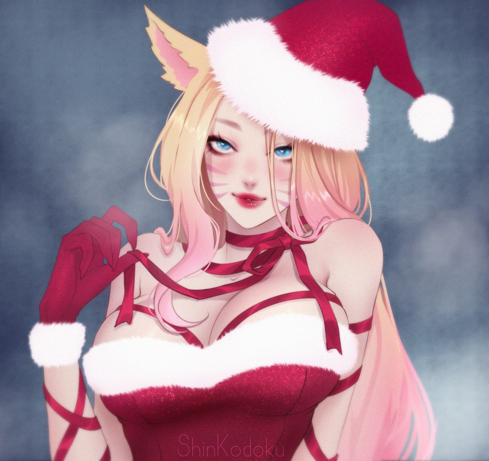 ahri, big breasts, blonde hair, breasts, christmas, christmas outfit, female, female focus, female only, k/da ahri, k/da all out ahri, k/da all out series, k/da series, league of legends, looking at viewer, pink hair, santa costume, santa hat, shinkodoku, solo, solo female, solo focus, two-tone hair
