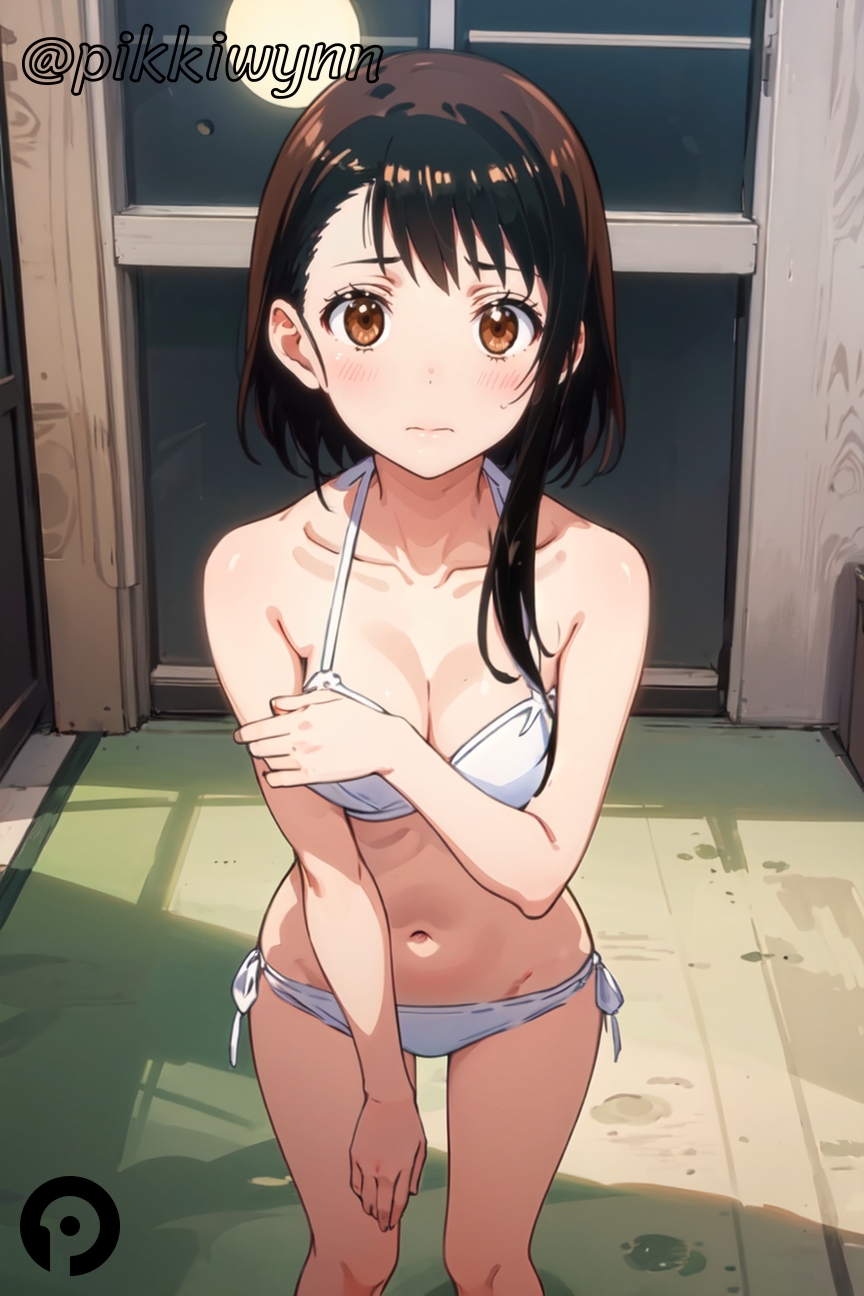 ai_generated bangs bikini black_hair blush breasts brown_eyes cleavage closed_mouth collarbone female halterneck indoors looking_at_viewer medium_breasts navel nisekoi onodera_kosaki pikkiwynn side-tie_bikini_bottom solo standing swimsuit white_bikini