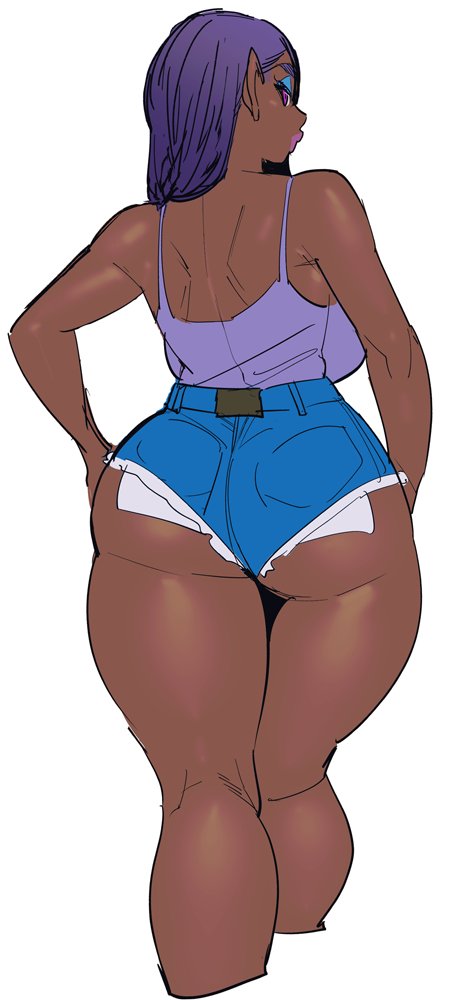 1girls, ass, big ass, big breasts, bimbo, booty shorts, breasts, curvy, dark skin, dark-skinned female, elf-san wa yaserarenai, eure, female, from behind, gorgon, hands on hips, hot pants, hotpants, huge ass, humanoid, long hair, looking back, pink eyes, purple hair, short shorts, shorts, sketch, solo, synecdoche, thick thighs, white background, wide hips