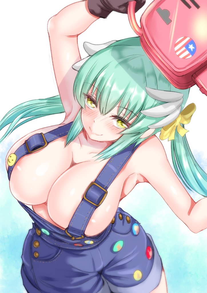 aqua_hair areola_slip arms_up badge black_gloves blush breasts chainsaw cleavage collarbone commentary_request cosplay fate/grand_order fate_(series) female gloves gradient_background horns karinaga_raizan kiyohime_(fate) kiyohime_(swimsuit_lancer)_(fate) kiyohime_(swimsuit_lancer)_(first_ascension)_(fate) large_breasts long_hair looking_at_viewer low_twintails naked_overalls overall_shorts overalls paul_bunyan_(fate) paul_bunyan_(fate)_(cosplay) paul_bunyan_(third_ascension)_(fate) smile solo twintails yellow_eyes