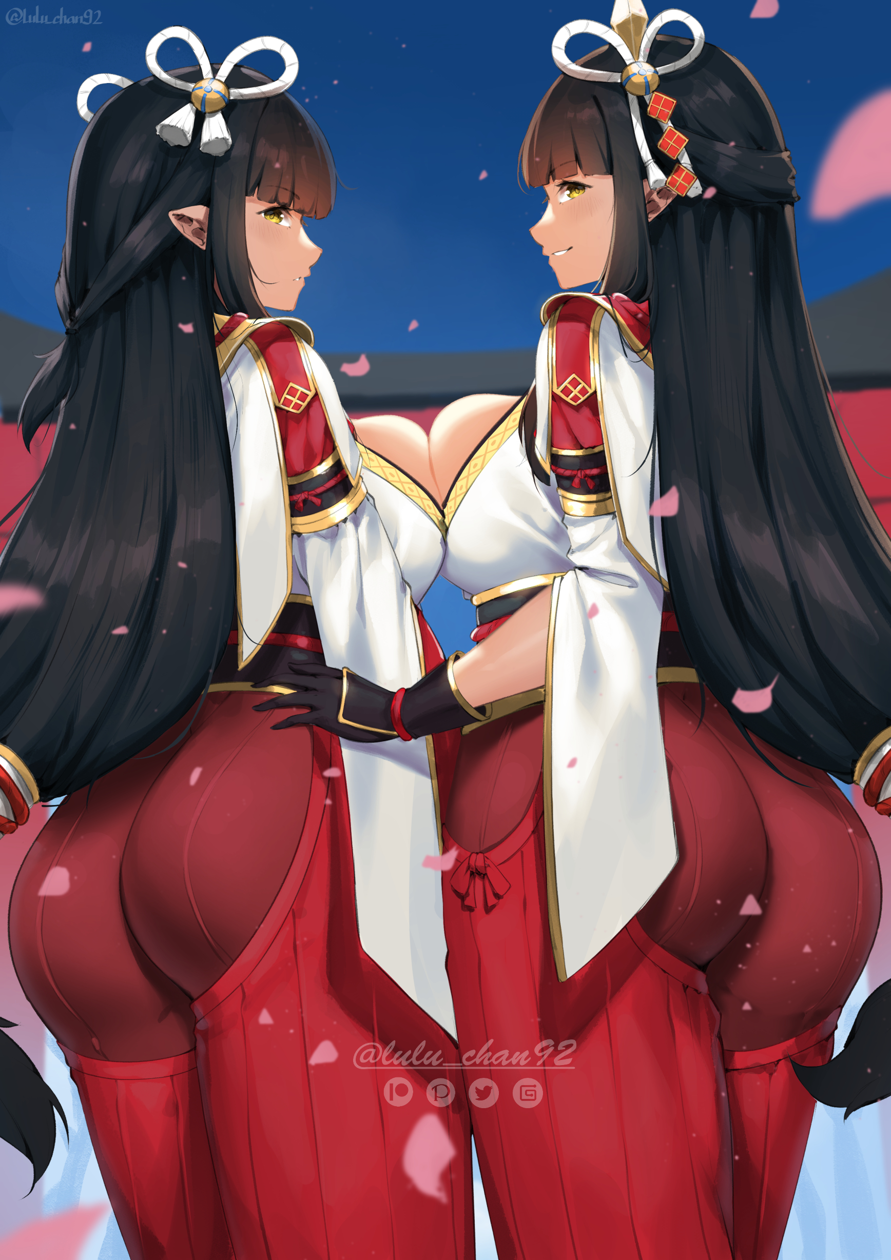 2girls, 4 fingers, ass, big ass, big breasts, breast press, breast squish, breast to breast, breasts, cleavage, female, female only, fewer digits, fully clothed, hakama, hinoa, large breasts, lulu-chan92, minoto, monster hunter, monster hunter rise, multiple females, multiple girls, sisters, twins, wyverian