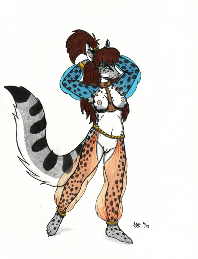 1girls 2008 anthro breasts brown_hair brunette_hair female female_focus female_only furry genet harem harem_girl harem_outfit ironbadger long_hair long_hair_female long_tail nipples ponytail pussy solo solo_female spots spotted_body spotted_fur spotted_markings tail vagina white_background