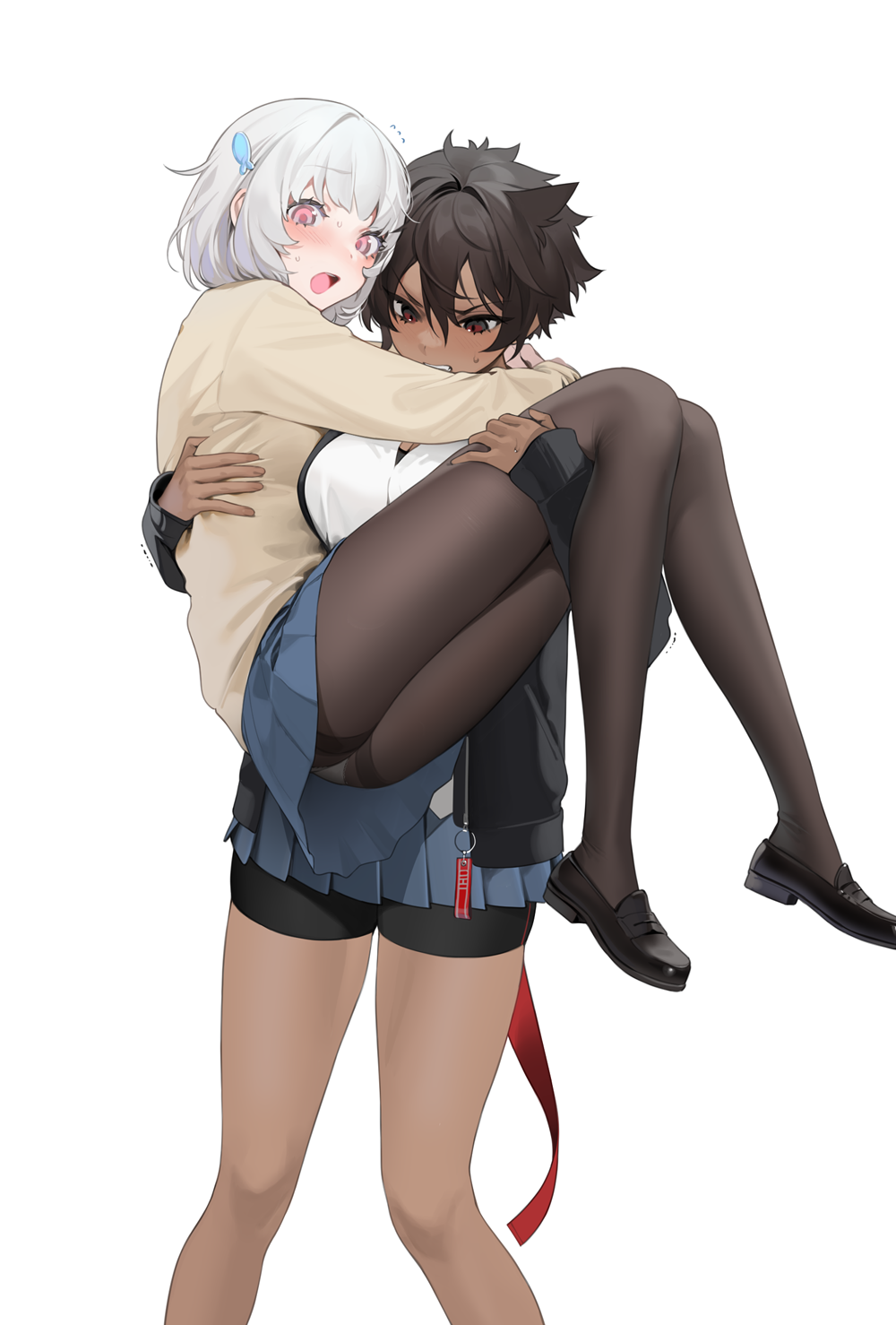 2girls albino black_jacket blue_skirt blush breasts brown_hair cardigan carrying couple dark-skinned_female dark_skin feet_out_of_frame female full_body highres hug interracial jacket large_breasts loafers looking_down micchan_(ohisashiburi) multiple_girls nacchan_(ohisashiburi) nervous ohisashiburi open_mouth original original_character original_characters paid_reward_available panties panties_under_pantyhose pantyhose pleated_skirt princess_carry shirt shoes short_hair shorts shorts_under_skirt silver_hair skirt sweatdrop teeth underwear white_background white_hair white_shirt yuri