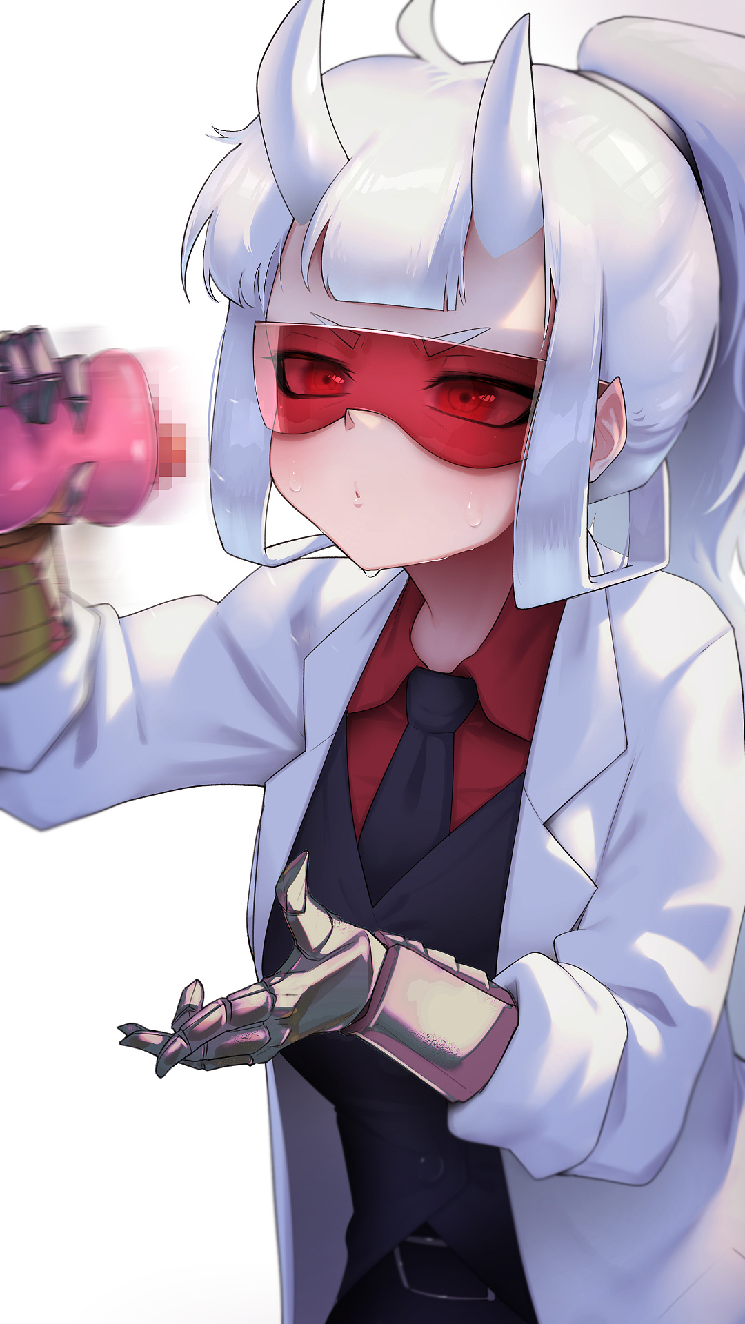 :o, 1boy, 1girls, alternate hairstyle, artificial vagina, azazel (helltaker), bangs, censored, female, focus, furrowed eyebrows, glasses, goggles, handjob, handjob w/sex toy, helltaker, hizake, horns, kashu (hizake), long hair, looking at penis, loremaster (helltaker), male, mosaic censoring, motion blur, onahole, penetrable sex toy, penis, pointy ears, ponytail, prosthetic arm, red eyes, red-tinted eyewear, safety goggles, sex toy, shiny hair, sidelocks, simple background, straight, sunglasses, sweatdrop, tied hair, tinted eyewear, v-shaped eyebrows, visor, white background, white hair