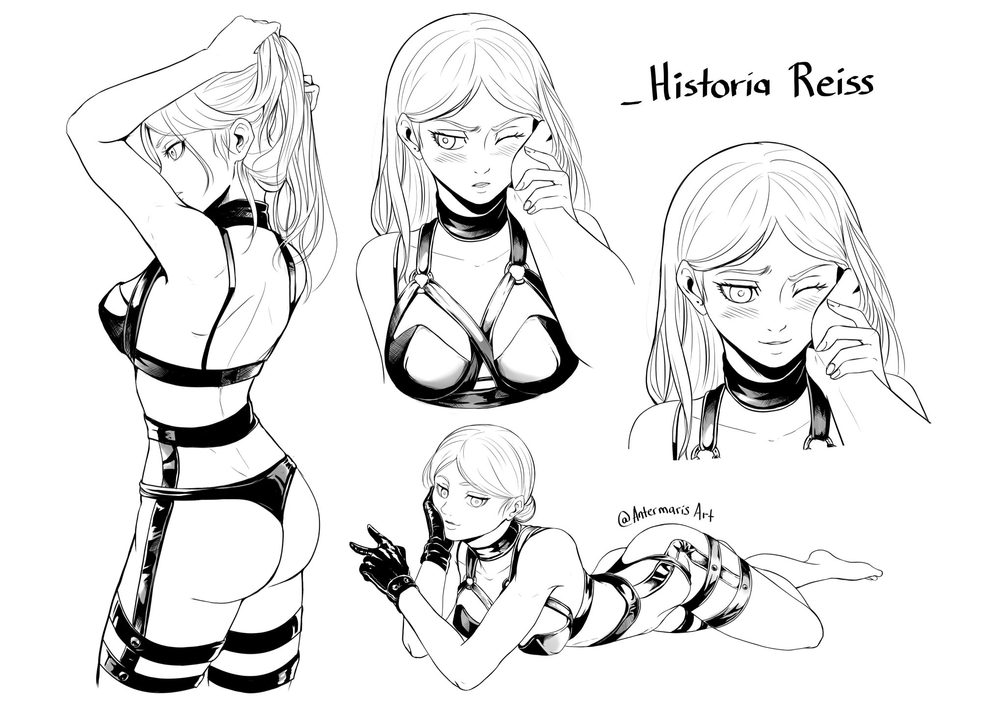 1girls, antermaris, ass, attack on titan, back, back muscles, back view, barefoot, bdsm, bdsm gear, bdsm outfit, black and white, blonde female, blonde hair, blue eyes, blush, christa lenz, classy, classy female, female, hair bun, hair down, hand on cheek, historia reiss, long hair, looking at viewer, lying on floor, male, male pov, model sheet, muscles, one eye closed, petite, posing, queen, rich, rich female, royal, royalty, seductive, shingeki no kyojin, smile, smiling, solo, straight, tied hair, tying hair, wealthy, wealthy female, white skinned female