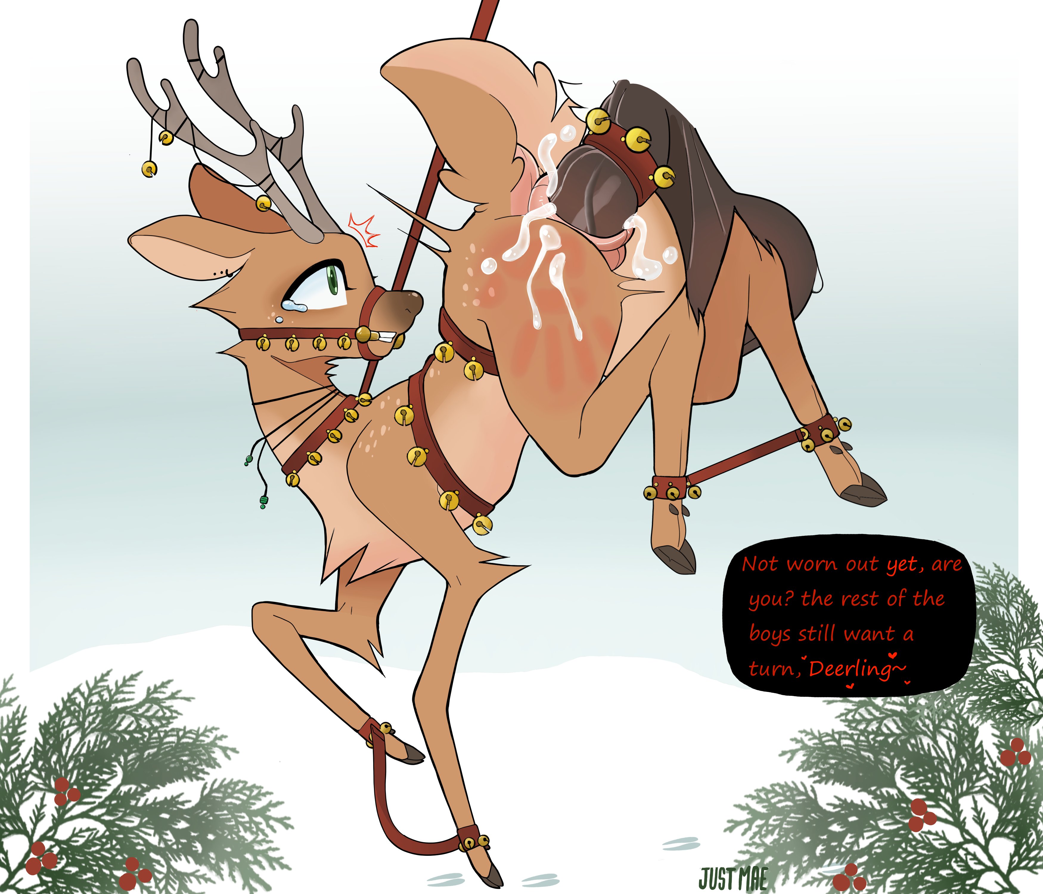 1boy, 1girls, all fours, anal, anthro, anthro on feral, antlers, anus, ass, balls, bell, bells, big balls, big penis, black nose, cervine, choker, cock ring, crying, crying with eyes open, cum, cum in ass, cum on ass, cum on pussy, deer, deer girl, donut anus, female, female feral, female on anthro, feral, flower, from behind position, fur, gag, gagged, gangbang, hi res, highres, horn, huge balls, interspecies, just mae, large insertion, male, male on feral, male/female, mammal, open mouth, ornament, penis, plant, pussy, restrained, restraints, sex, signature, spank marks, sweat, sweatdrop, teeth, text, tied up, tongue, tongue out, vein, veiny penis, white fur, zoophilia