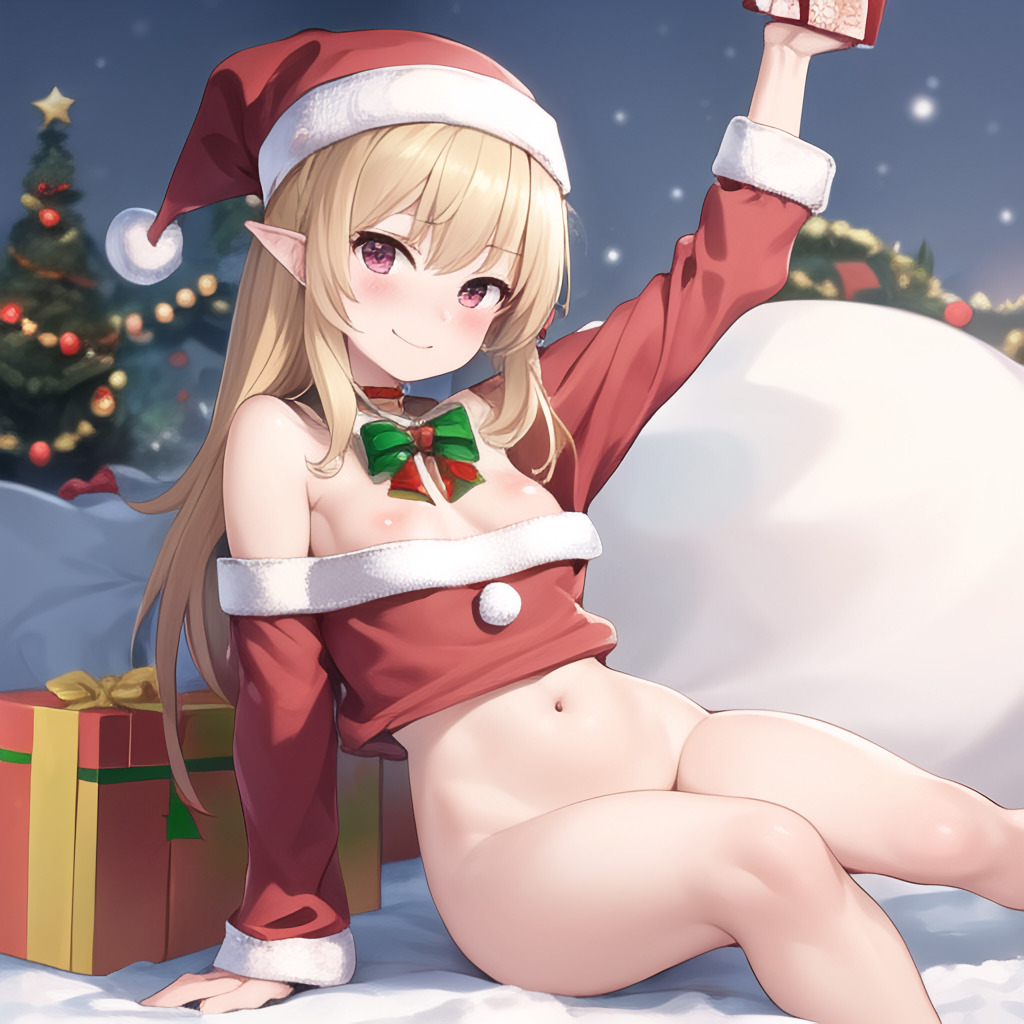 ai_generated blonde_hair bottomless christmas_tree female nemus_waifu_generator pointy_ears presents santa_hat solo