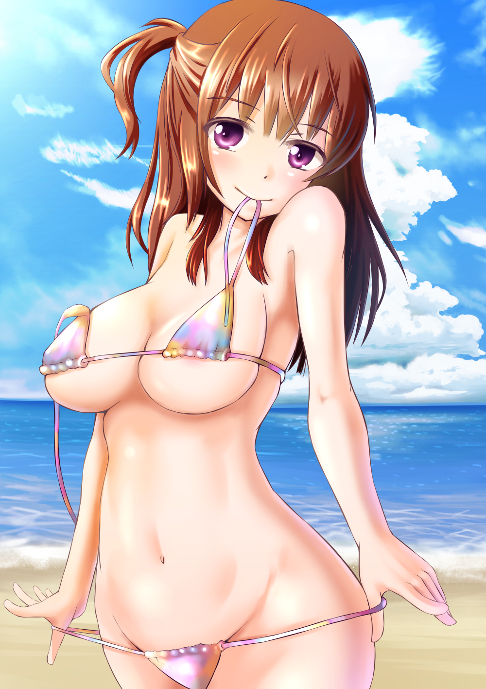 bad_id bad_pixiv_id beach bikini bikini_in_mouth breasts brown_hair clothes_in_mouth day female highres karinaga_raizan large_breasts long_hair mouth_hold one_side_up original outdoors purple_eyes solo swimsuit untied