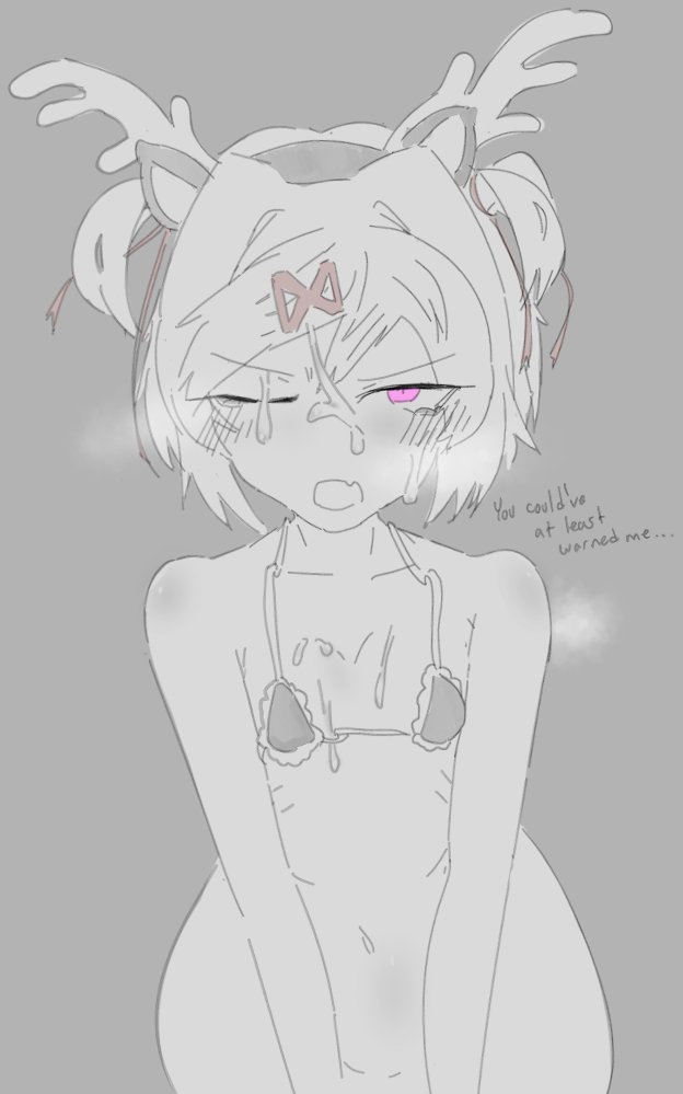 1girls, bare shoulders, blush, blush lines, blushing, bodily fluids, breasts, christmas, colored eyes, cum, cum on breasts, cum on chest, cum on face, doki doki literature club, english text, exspiravitbag, eye closed, female, female focus, female only, flat chest, flat chested, holidays, mouth open, natsuki (doki doki literature club), one eye closed, open mouth, pink eyes, semen, steam, steamy, text, true flat chest
