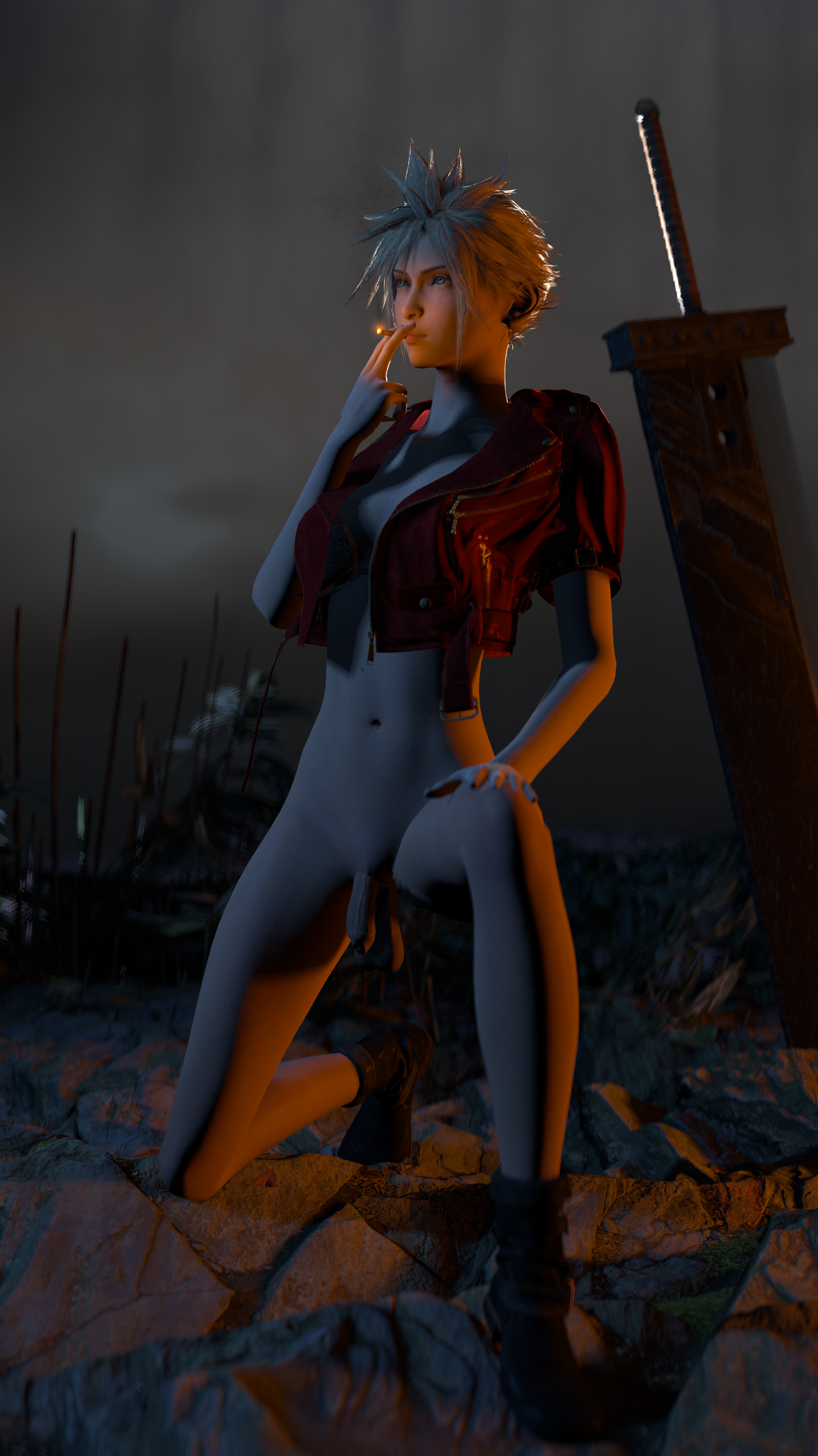 1futa, 3d, blonde hair, blue eyes, bottomless, cloud strife, dickgirl, female cloud, final fantasy, final fantasy vii, futa focus, futa only, futa transformation, futanari, intersex, male, male to futa, night, rule 63, smoking, solo, source filmmaker, transformation, uncensored, zoeysfm