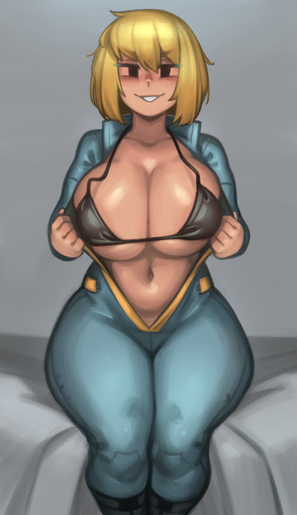 bethesda_softworks big_breasts bimbo blush bodysuit bra breasts fallout fallout_(series) female female_only huge_breasts kelvin_hiu large_breasts light-skinned_female mob_face navel open_clothes open_jumpsuit presenting presenting_breasts solo solo_female solo_focus tagme unzipped unzipped_bodysuit vault_girl vault_meat vault_suit yellow_hair