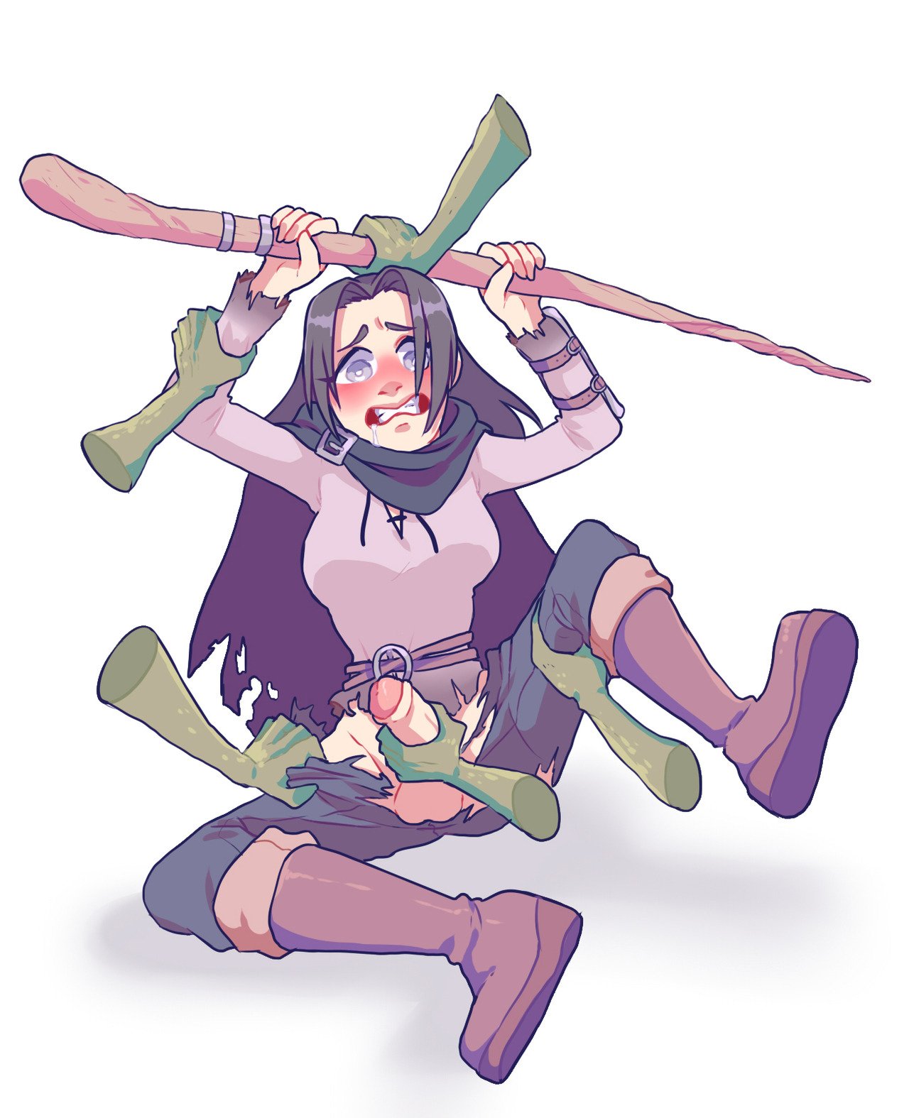 1futa, artist request, balls, black hair, blue eyes, blush, breasts, clothed, clothing, dickgirl, disembodied hand, disembodied hands, drooling, futa only, futanari, goblin, grabbing arm, green skin, handjob, human, intersex, leg up, light skin, light-skinned futa, long boots, long hair, mostly clothed, pale skin, penis, pyonsangsang, rape, scarf, shirt, solo focus, staff, tearing clothes, torn clothes