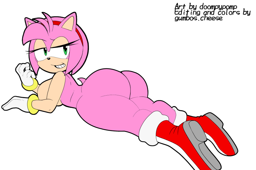 amy rose, anthro, ass, bedroom eyes, big ass, big breasts, big butt, breasts, clothing, doompypomp, edit, eulipotyphlan, female, footwear, gumboscheese, hedgehog, hi res, looking back, lying, mammal, narrowed eyes, on front, seductive, solo, sonic (series), sonic the hedgehog (series)