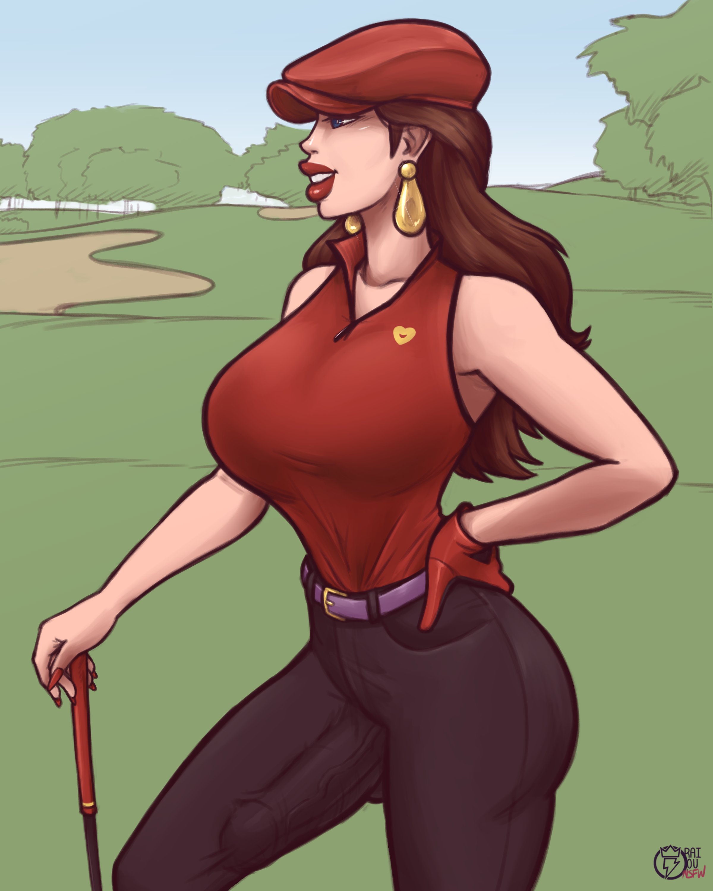 1futa, absurdres, alternate version available, big breasts, big lips, big penis, blue eyes, breasts, breasts bigger than head, brown hair, bulge, busty, cleavage, clothed, clothing, curvy, earrings, erection under clothes, fully clothed, futa only, futanari, gloves, golf club, golf course, hat, highres, huge breasts, intersex, large breasts, lipstick, mario (series), mario golf, nail polish, nintendo, one glove, outdoors, outside, pauline, penis, penis under clothes, raiounsfw, red lipstick, red nails, solo, standing