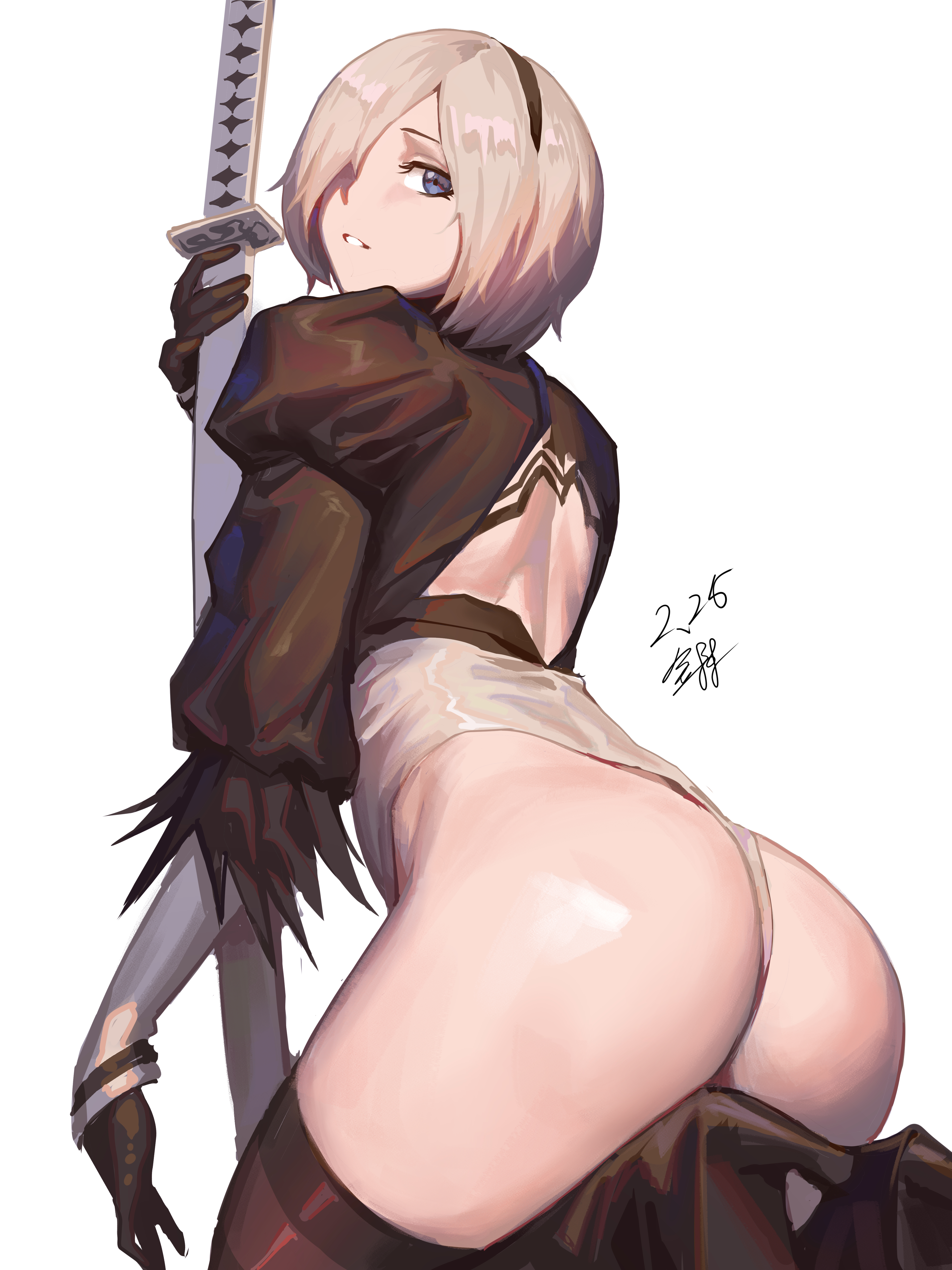 ass, female, looking back, nier, nier: automata, tagme, thick thighs, thighhighs, thighs, white hair, yorha 2b
