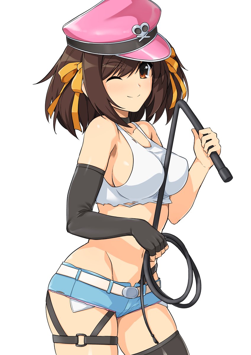 1girls, breasts, brown hair, clothing, female, haruhisky, hat, jean shorts, medium breasts, pink hat, short hair, shorts, smile, solo female, stockings, suzumiya haruhi, suzumiya haruhi no yuuutsu, tagme, whip, winking at viewer