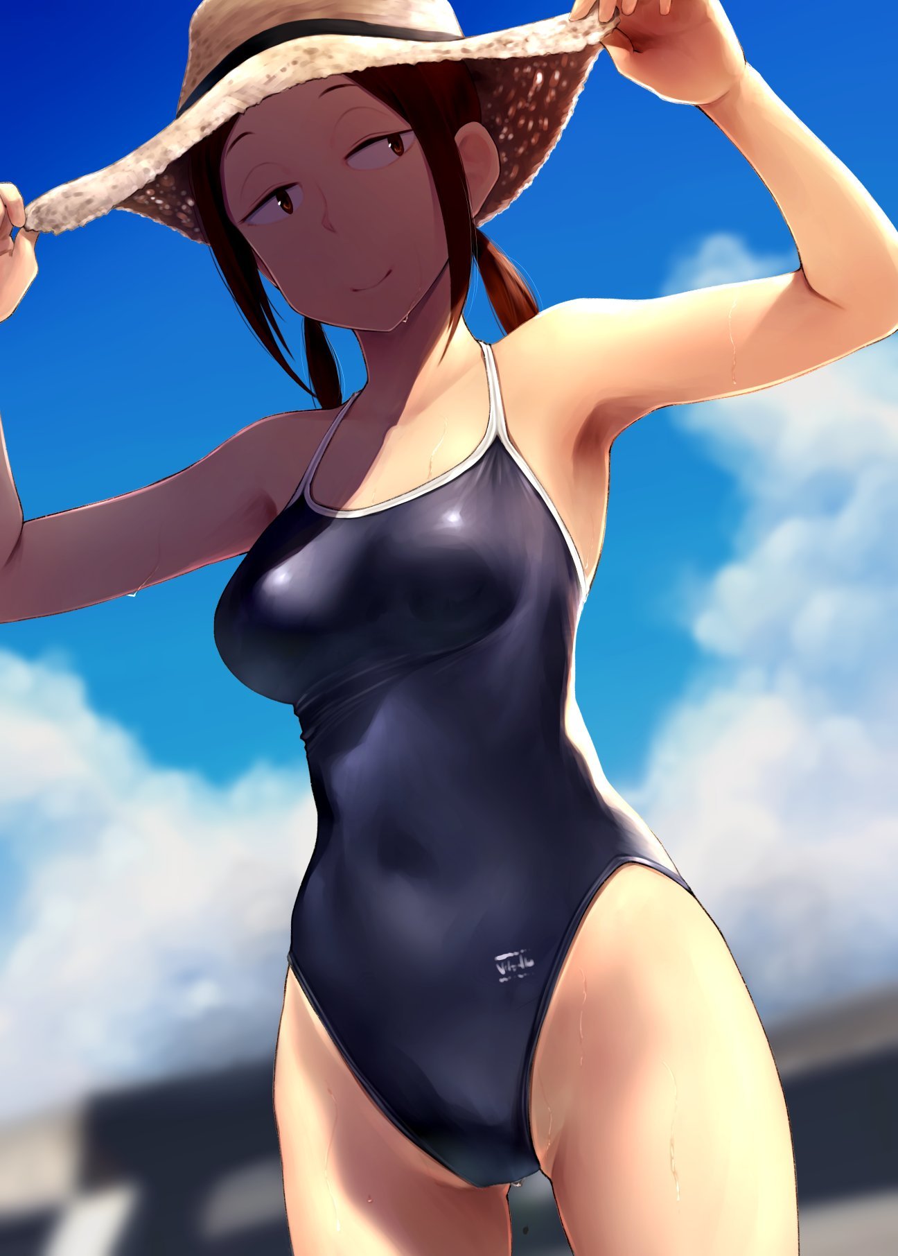 big_breasts diary_of_our_days_at_the_breakwater hat houkago_teibou_nisshi kuroiwa_yuuki one-piece_swimsuit swimsuit tight_clothing