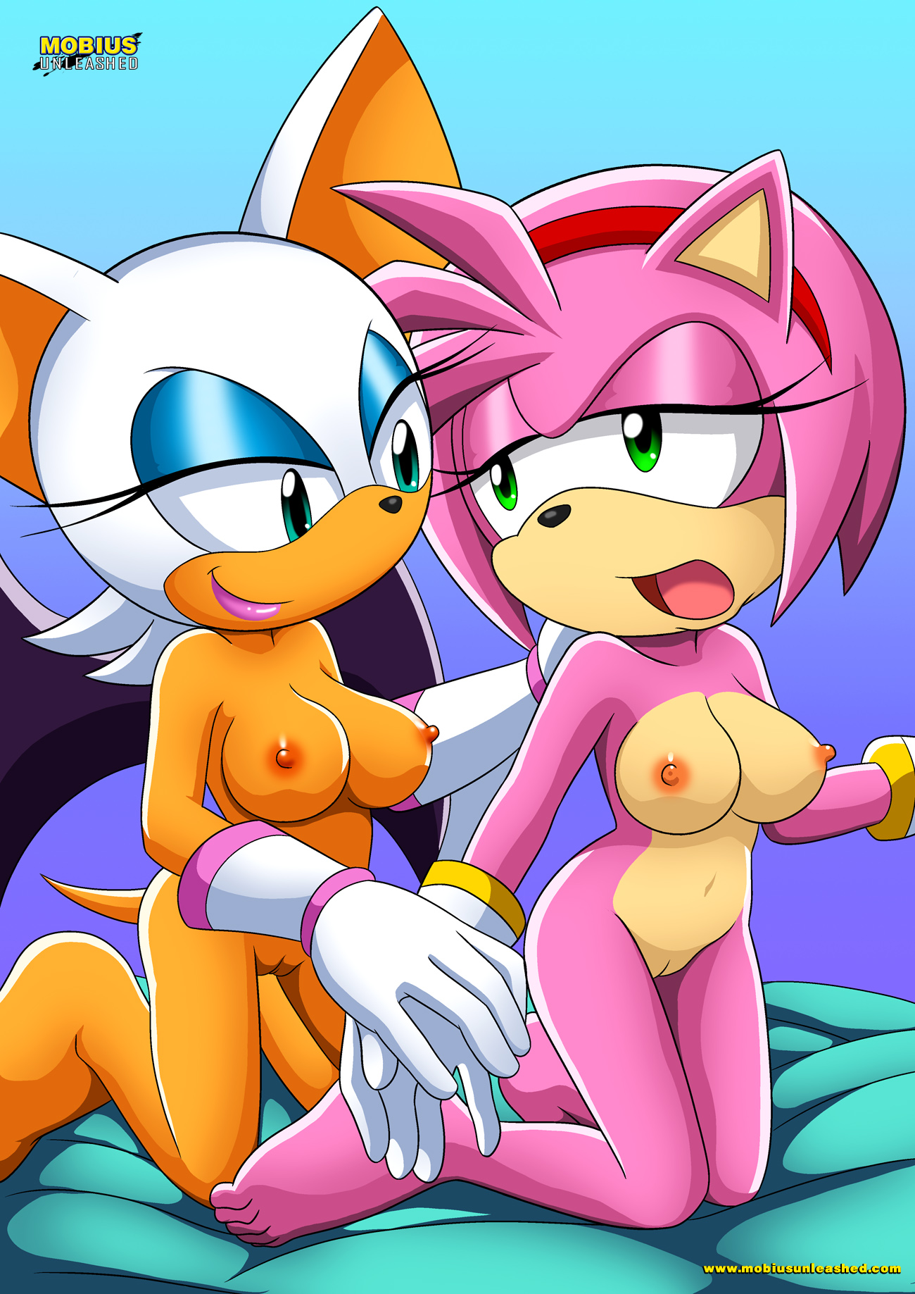 2girls, amy rose, anthro, anthro female, barefoot, bbmbbf, breasts, female, female anthro, female only, furry female, gloves, green eyes, humanoid feet, mobian (species), mobius unleashed, multiple females, multiple girls, nipples, nude, open mouth, palcomix, pussy, rouge the bat, soles, sonic (series), toes, yuri, yurirnrnfeet