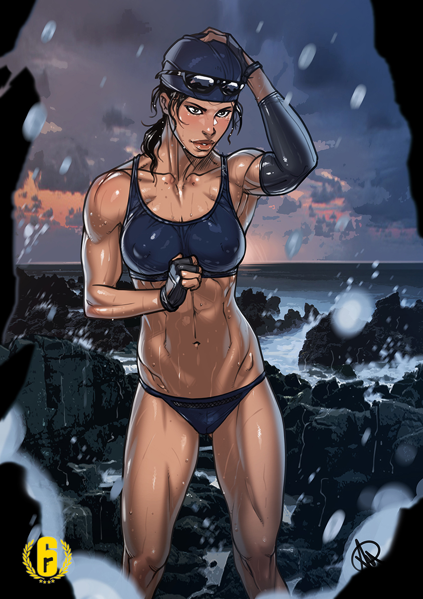 abs, dark skin, dark-skinned female, female, ganassa, indian, indian female, kali (rainbow six), muscular, muscular female, rainbow six, rainbow six siege, sports bra, sweat