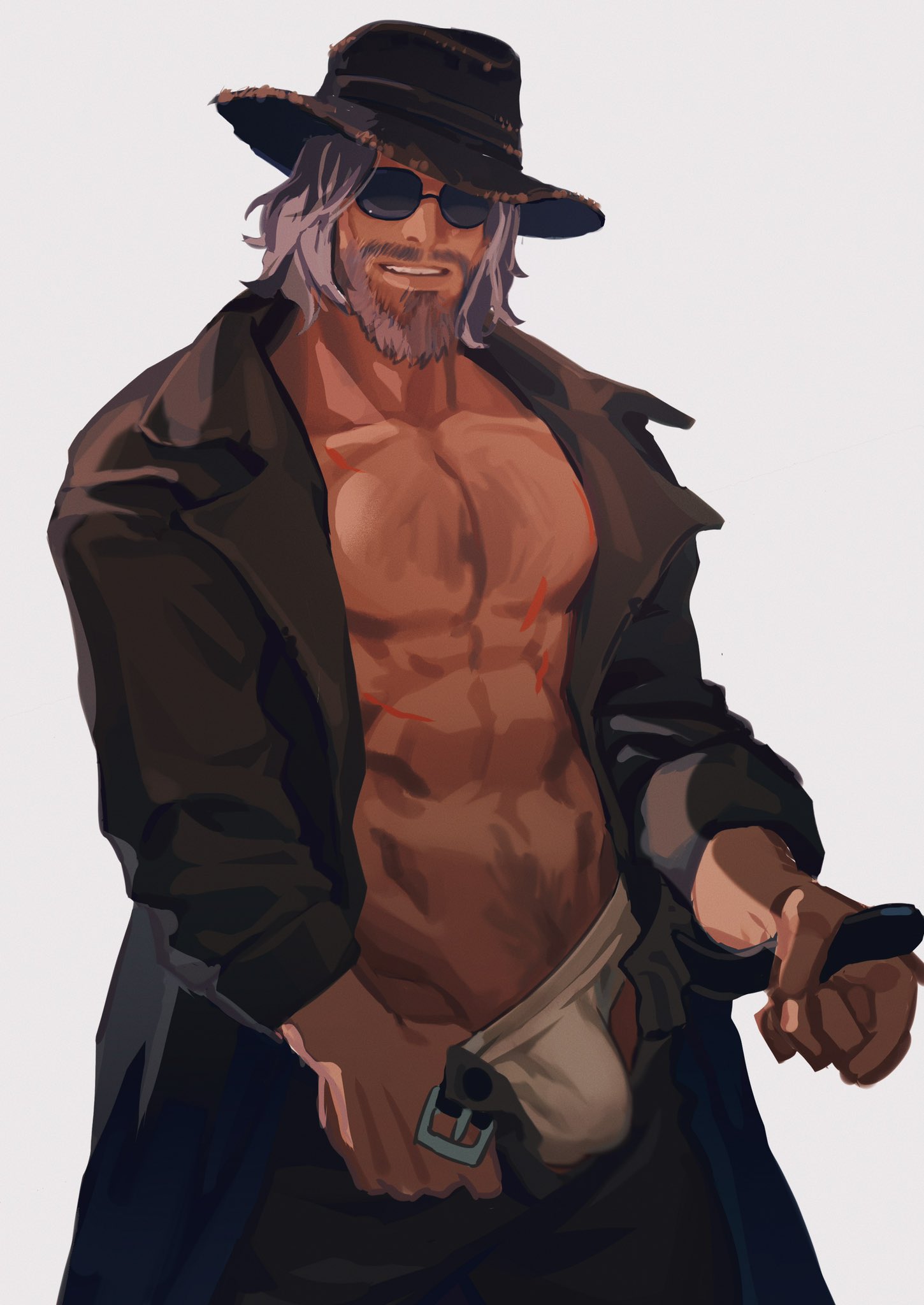 absurd res, beard, belt, bulge, coat, daddy, dilf, grey hair, grin, karl heisenberg, likaou, looking at viewer, male, male only, muscular, muscular male, older male, resident evil, resident evil 8: village, scars, solo male, sunglasses, underwear, undressing, white underwear