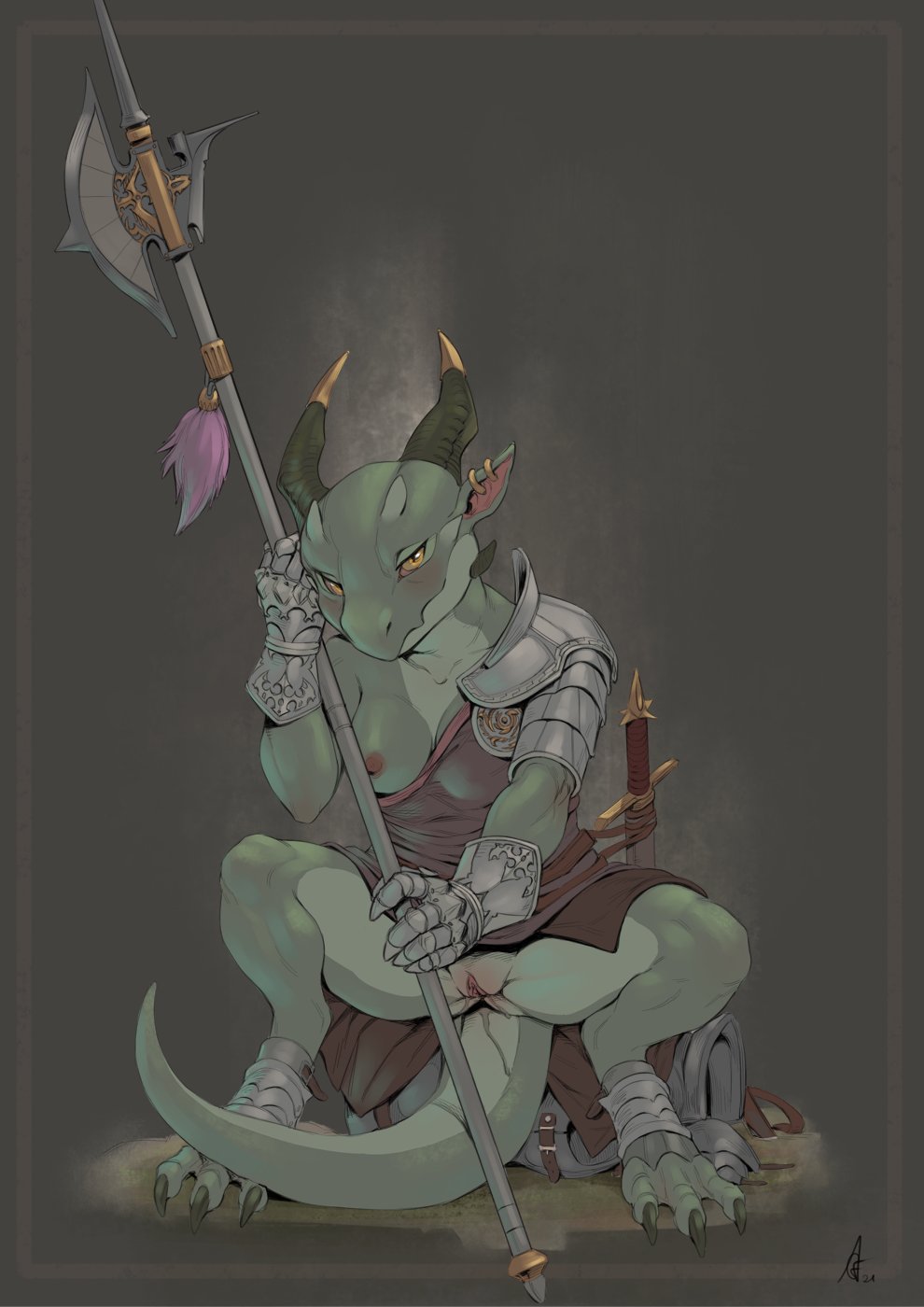 2021 anthro armor bodily_fluids breasts clothed clothing crestfallenartist ear_piercing ear_ring female front_view full-length_portrait gauntlets genital_fluids genitals gloves green_body halberd handwear hi_res holding_object holding_weapon horn kobold looking_at_viewer medieval_armour melee_weapon nipples non-mammal_breasts non-mammal_nipples one_breast_out partially_clothed pauldron piercing polearm portrait pussy pussy_juice scalie sitting solo spread_legs spreading weapon