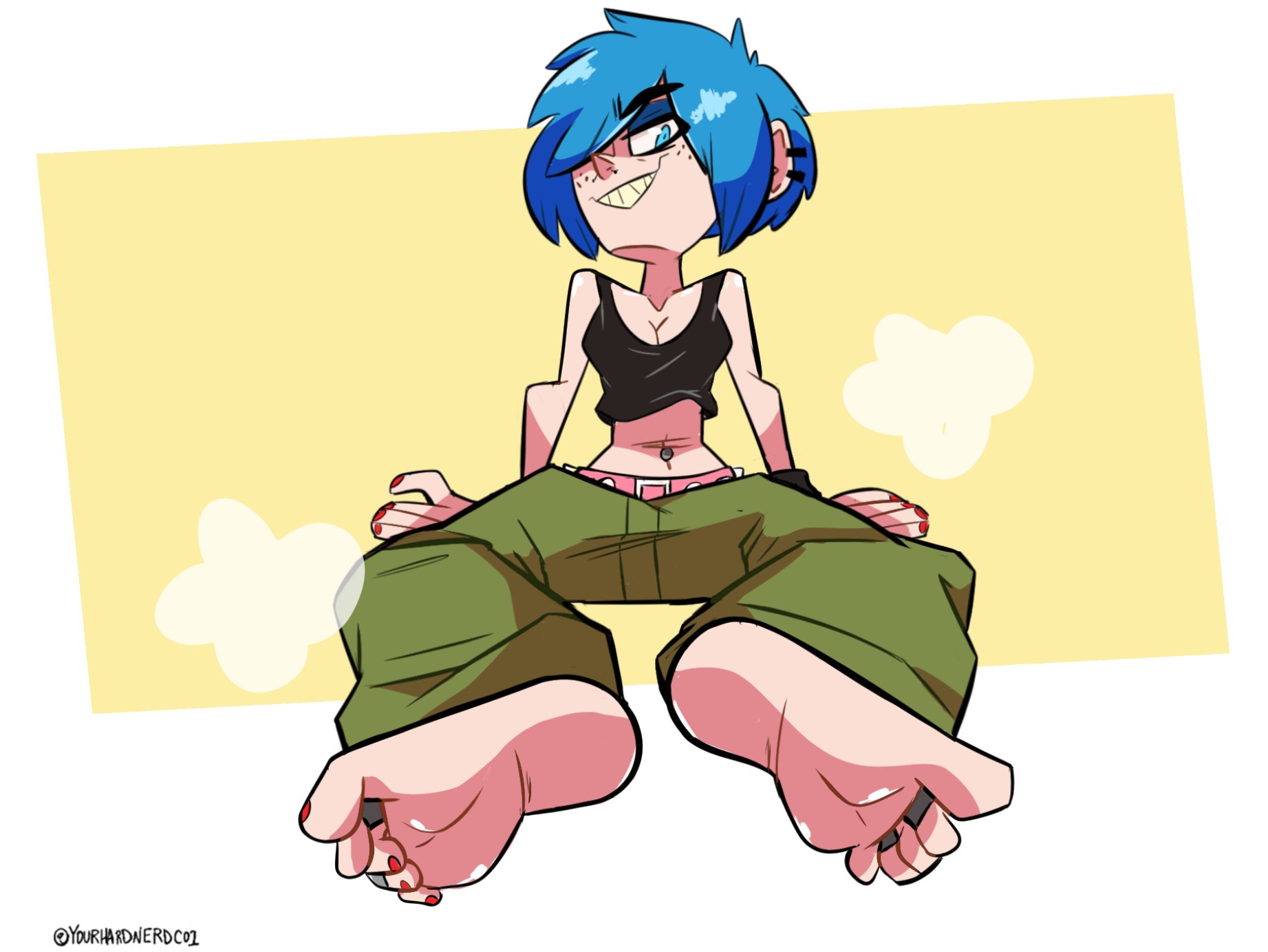 2d, barefoot, big feet, blue eyes, blue eyeshadow, blue hair, cartoon network, clothed, clothing, ed edd n eddy, feet, female, female only, foot fetish, foot focus, fully clothed, huge feet, kanker sisters, looking at viewer, marie kanker, no penetration, no sex, no shoes, odor, one eye covered, red toenails, short hair, soles, solo, solo female, stinky feet, toe ring, toe rings, toes, yellow teeth, yourhardnerdcollector