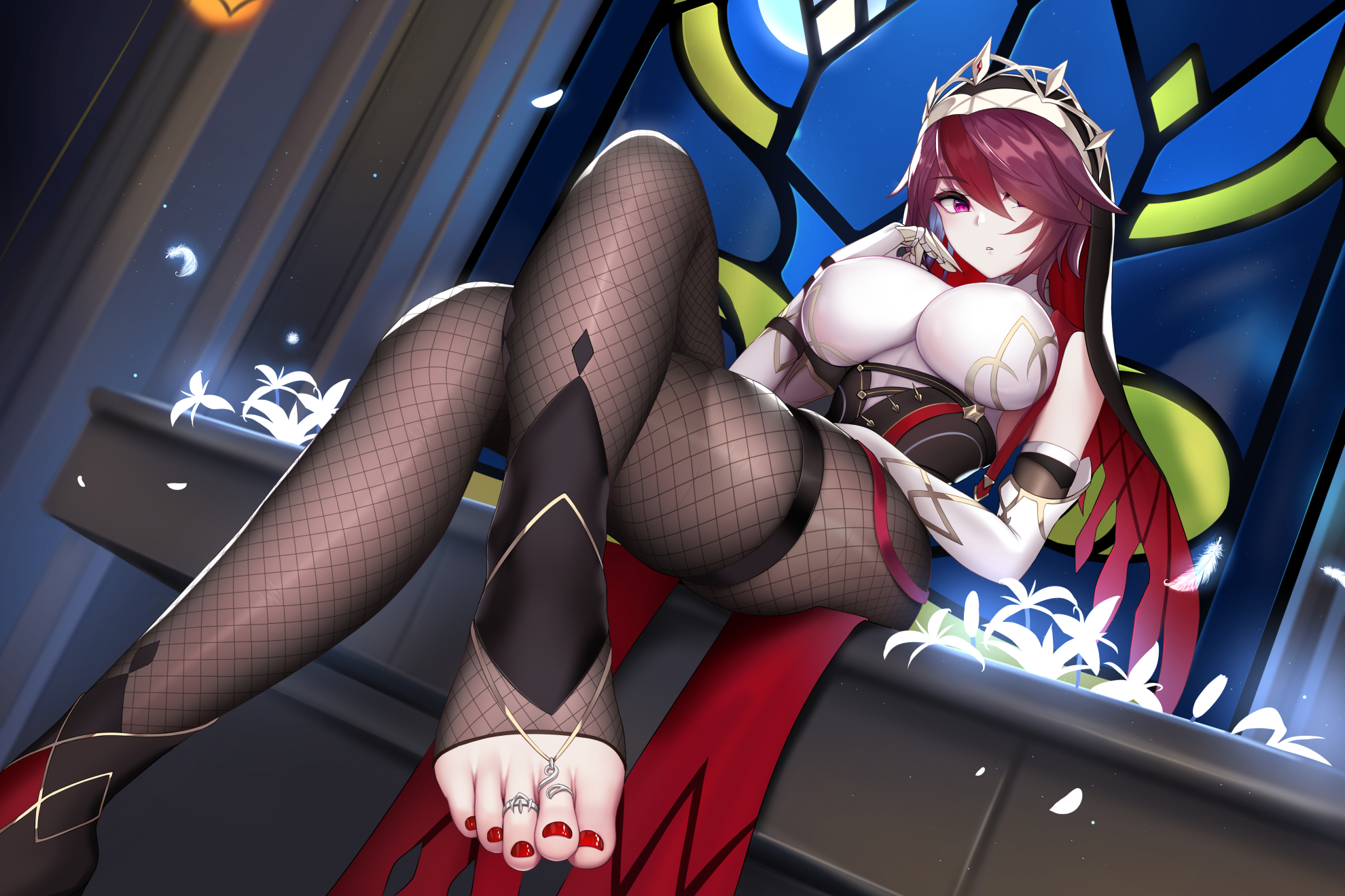 big breasts, breasts, feet, female, fishnets, garter, genshin impact, looking away, nun, painted nails, painted toenails, red hair, rosaria (genshin impact), stockings, thighband pantyhose, toeless legwear, toes