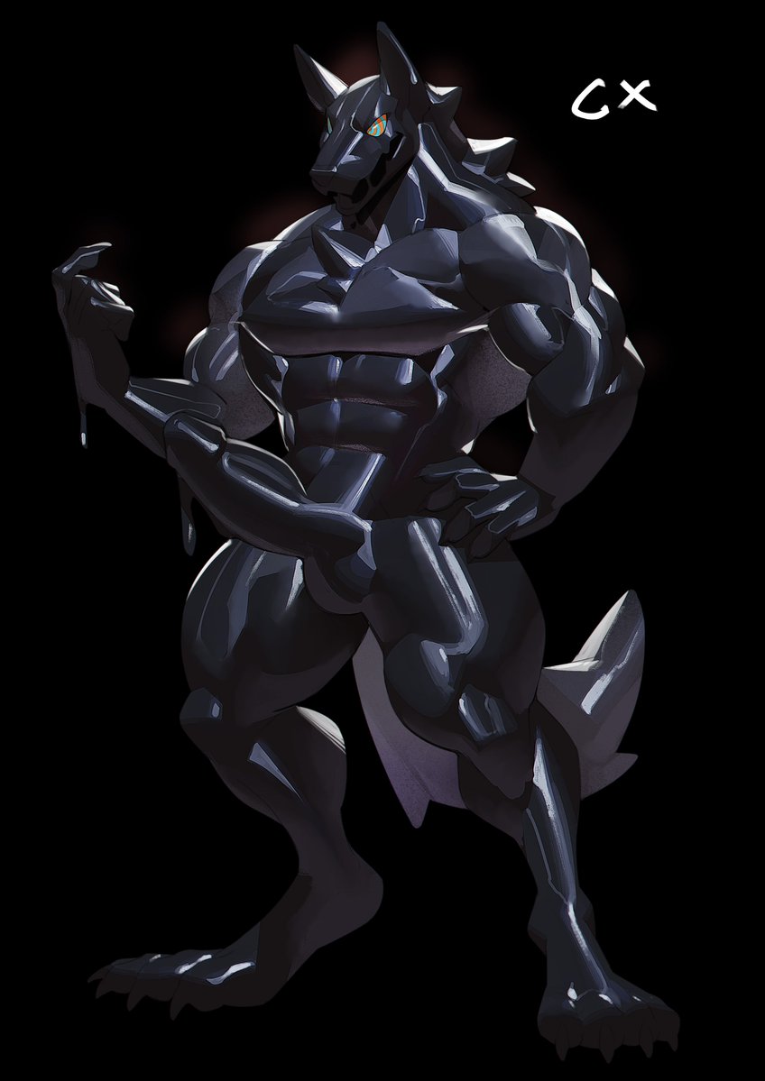 4_toes anthro black_background black_body canid canine canis caou cxcxxcxxxx erection feet hypno_eyes male mammal muscular muscular_anthro muscular_male open_mouth rubber_creature simple_background solo toes wolf