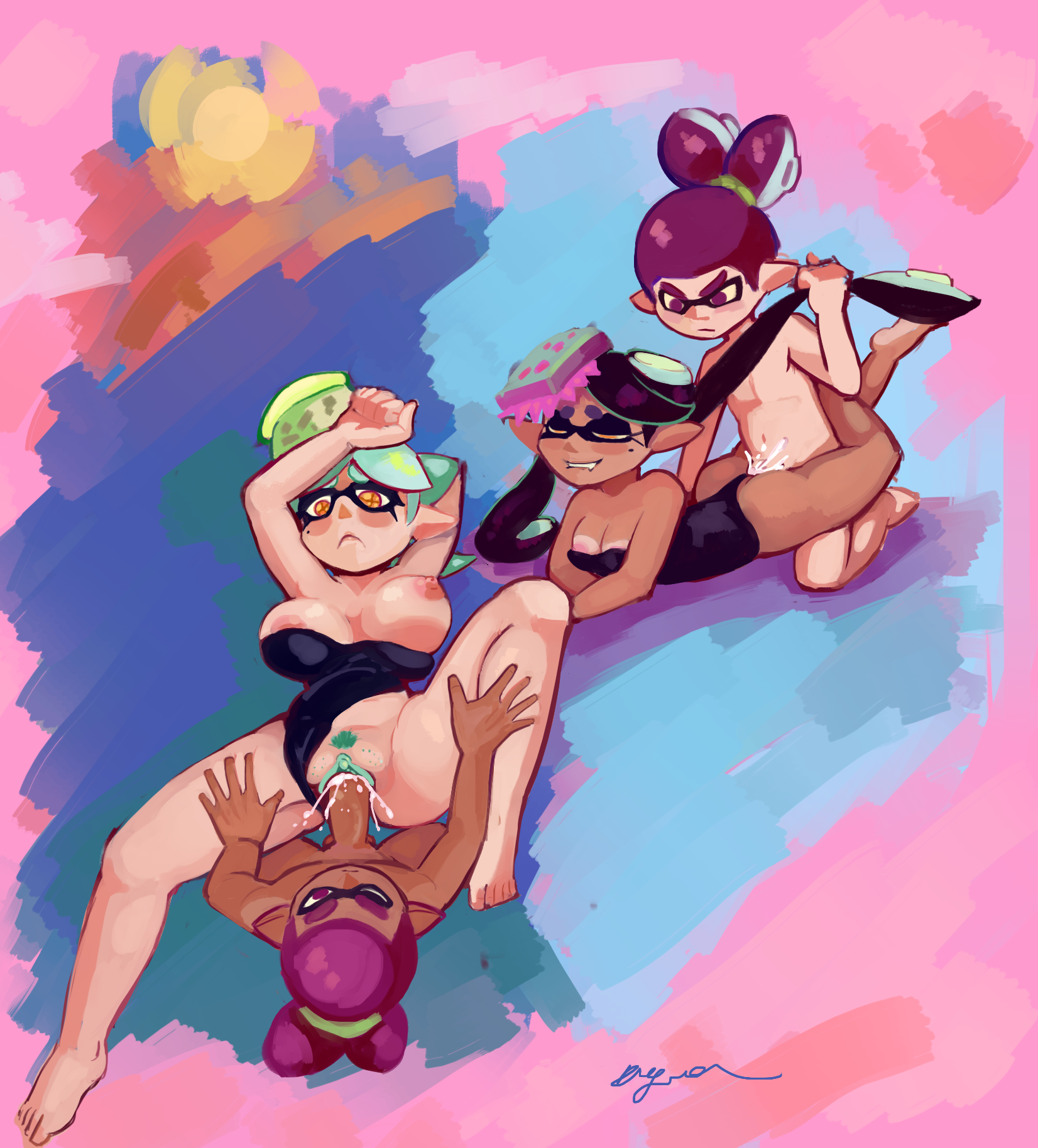 2boys, 2girls, biting lip, black hair, breasts, callie (splatoon), clitoris, cum, cum inside, dogmalord, domino mask, erect clitoris, female, hair pull, inkling, inkling boy, large breasts, leotard, leotard aside, male, marie (splatoon), pubic hair, purple hair, pussy, splatoon, squid sisters, swingers, tentacle hair, unusual anatomy, unusual eyes, unusual pupils, vaginal penetration, white hair, yellow eyes