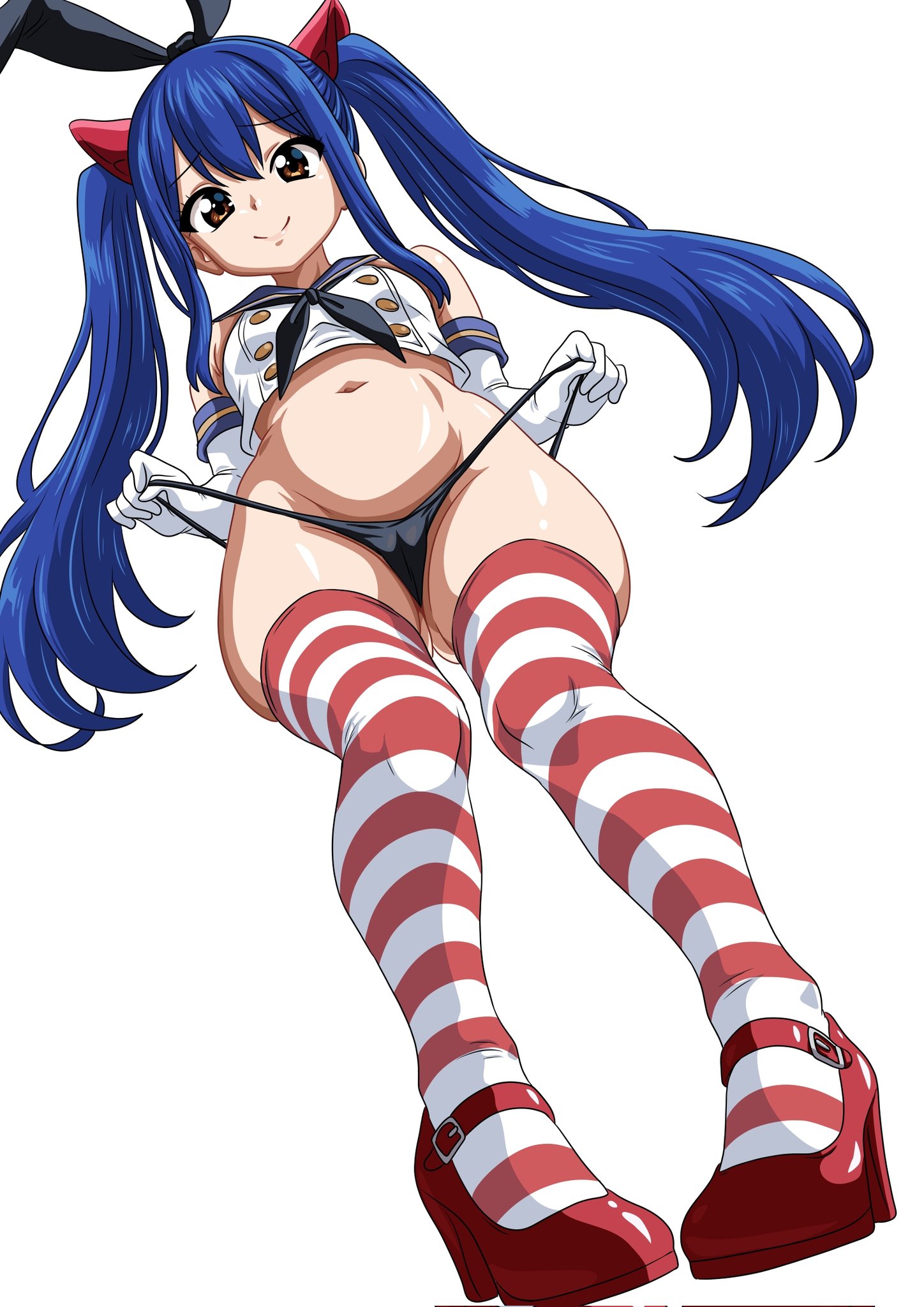 1girls, blue hair, fairy tail, female, female only, sesshoalex, shimakaze (kantai collection), shimakaze (kantai collection) (cosplay), small breasts, sole female, solo, stockings, tight clothing, twintails, wendy marvell