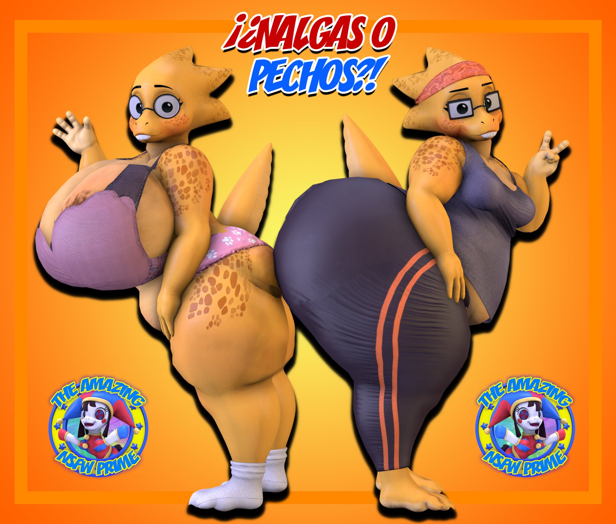 2girls, 3d, alphys, big ass, big breasts, blushing, buckteeth, glasses, gradient background, headband, huge ass, huge breasts, mom bod, peace sign, pomni (the amazing digital circus), reptile, round glasses, scalie, socks, spanish text, square glasses, tagme, tail, take your pick, theashsfm, undertale, undertale (series), underwear, v sign, workout clothes