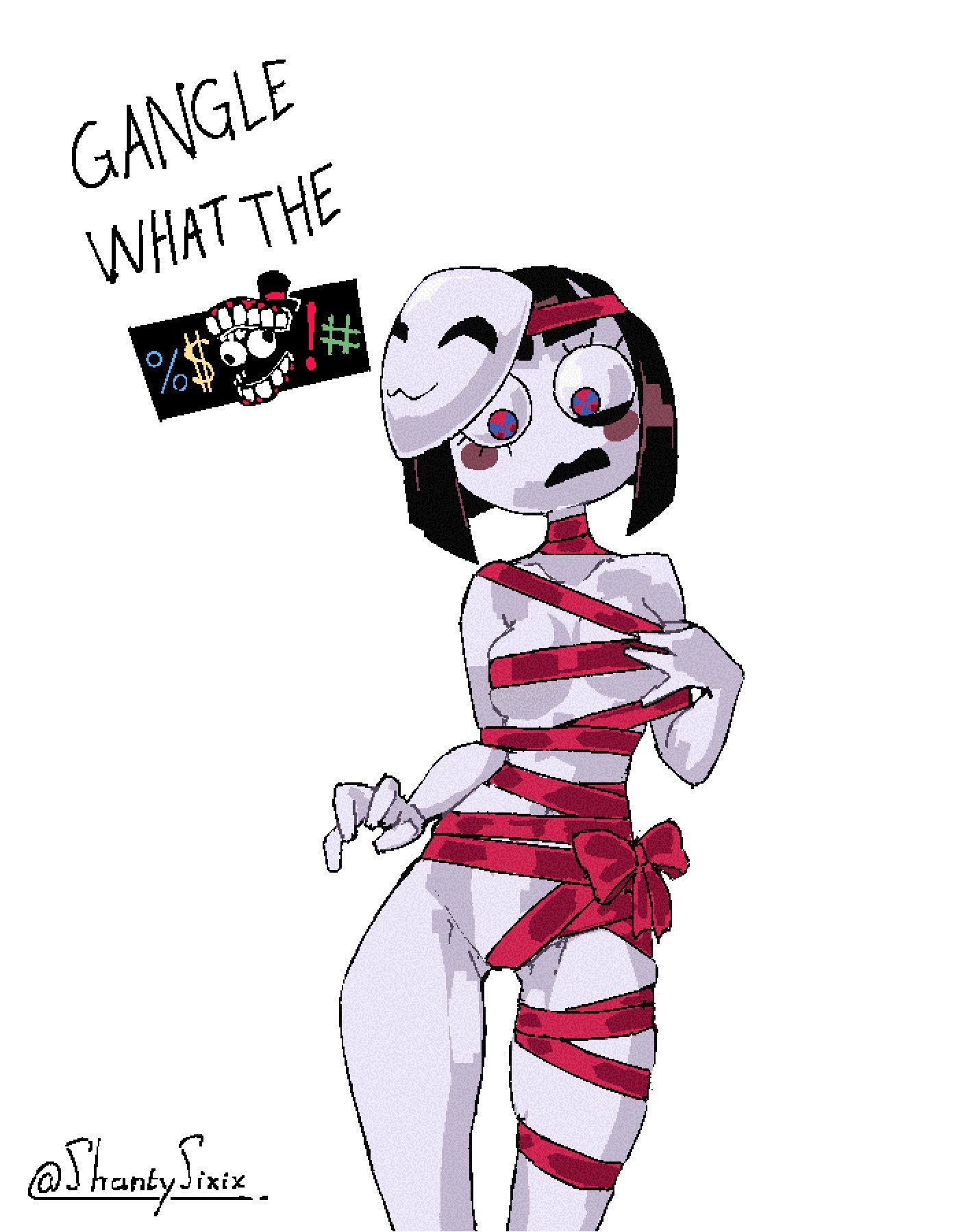 black hair, blush, breasts, covered nipples, covered pussy, gangle (the amazing digital circus), mask, multicolored eyes, nude, nude female, pomni (the amazing digital circus), ribbon, shantysixix, short hair, slim waist, speech, tagme, text, the amazing digital circus, thick thighs, tight clothing, uncomfortable, voluptuous, white body, wide hips, wraps