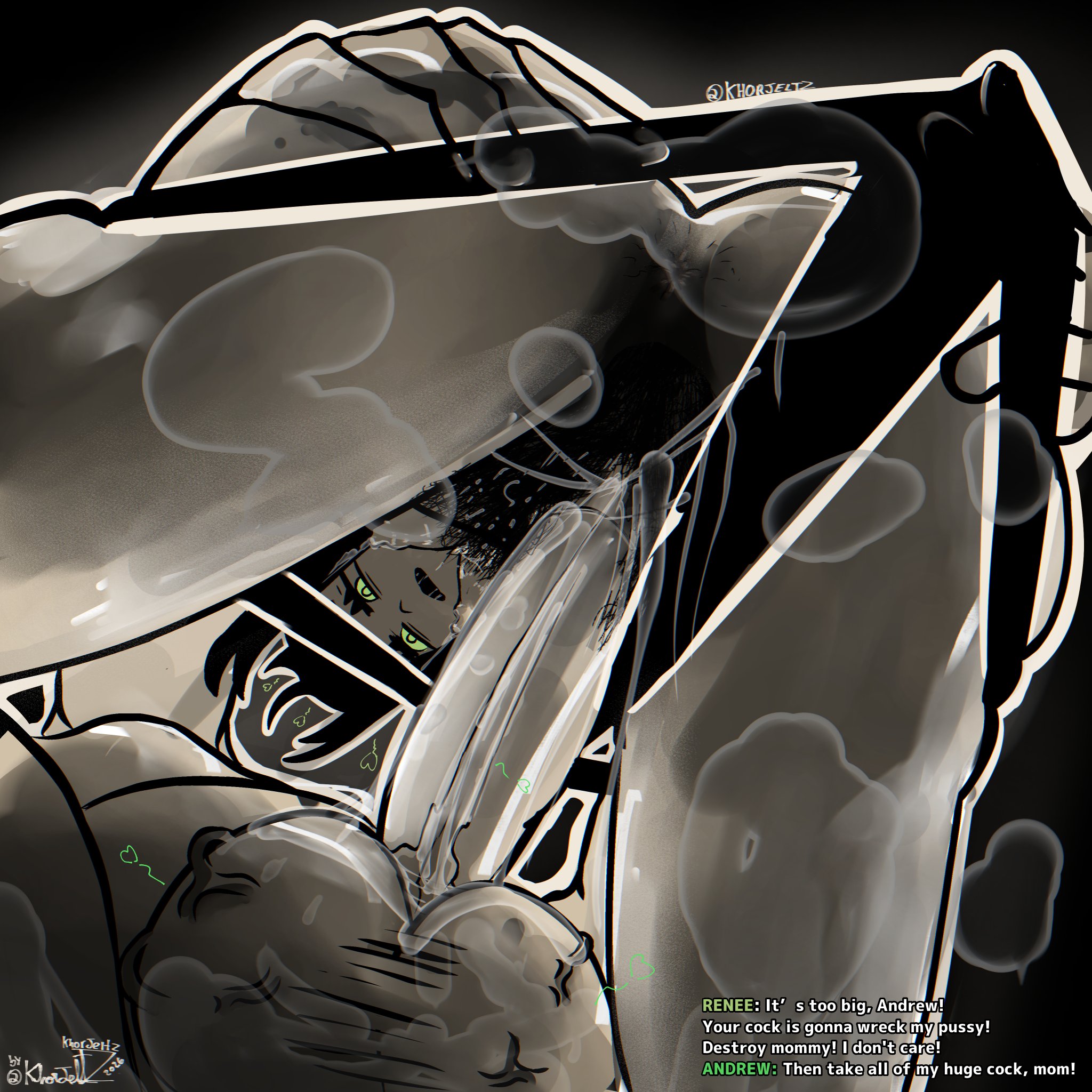 1boy1girl, 2d, absurd res, age difference, andrew graves, ass, ass focus, balls, ballsack, big ass, big butt, black hair, cowgirl position, dialogue, digital drawing (artwork), dirty talk, girl on top, green eyes, hi res, imminent penetration, incest, incestuous, khorjeltz, low-angle view, milf, mother, mother and son, older female, older female and younger male, panties, penis, renee graves, taking off panties, the coffin of andy and leyley, younger male