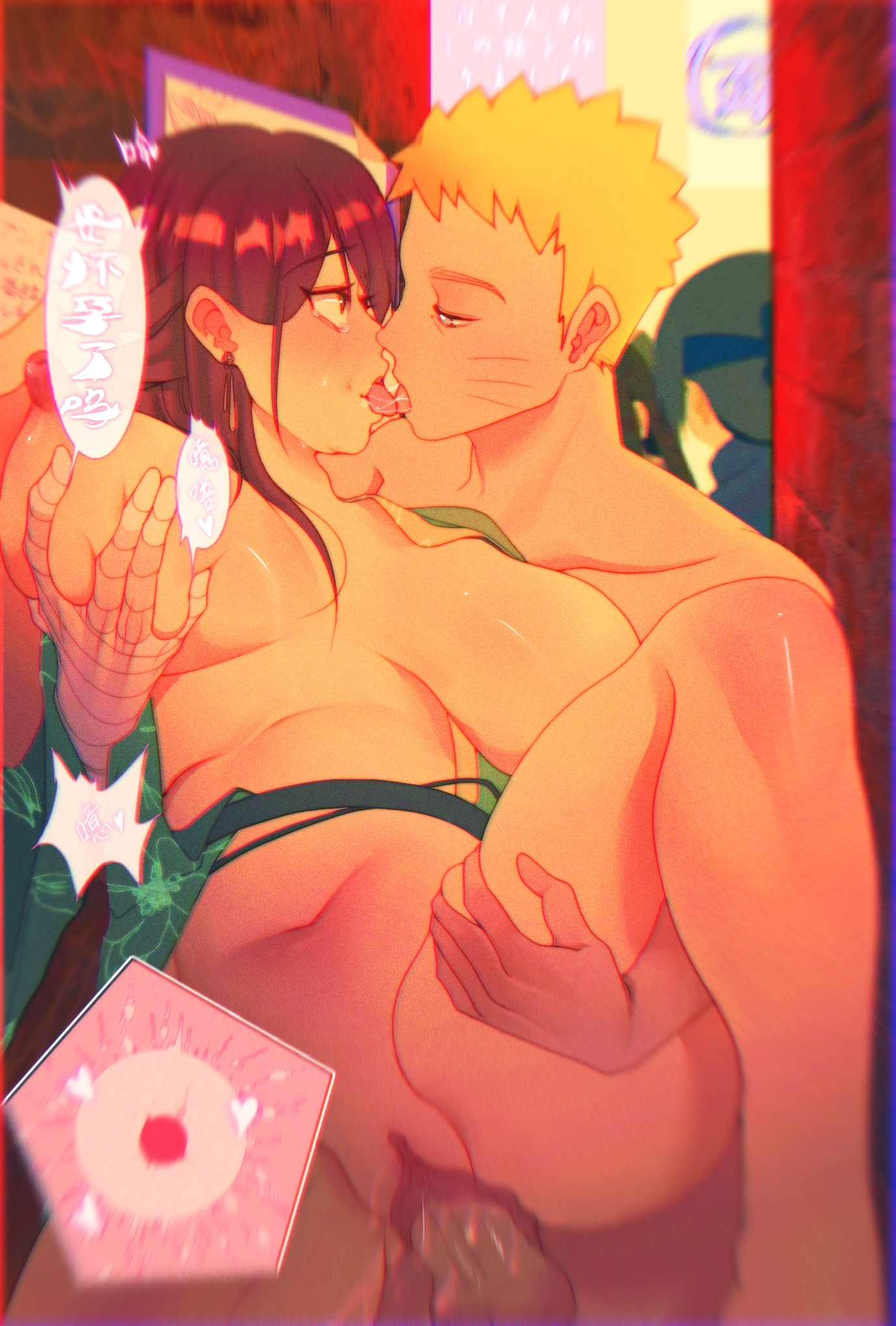 1boy, 1girls, against wall, alley, background character, bandaged arm, bandages, barefoot, big breasts, blue eyes, blush, boruto: naruto next generations, breast grab, breasts, cum, cum in pussy, cum inside, duo, duo focus, erect nipples, exhibitionism, female, fertilization, half-closed eyes, holding leg, impregnation, kimono, kissing, kissing while penetrated, knees up, looking at another, looking at partner, male, naruto, naruto (series), nipples, open mouth, original character, ovum, public, public sex, pussy, raised tail, sex, sperm cell, tears, tongue, tongue kiss, tongue out, uzumaki naruto, vaginal penetration, vaginal sex, walking