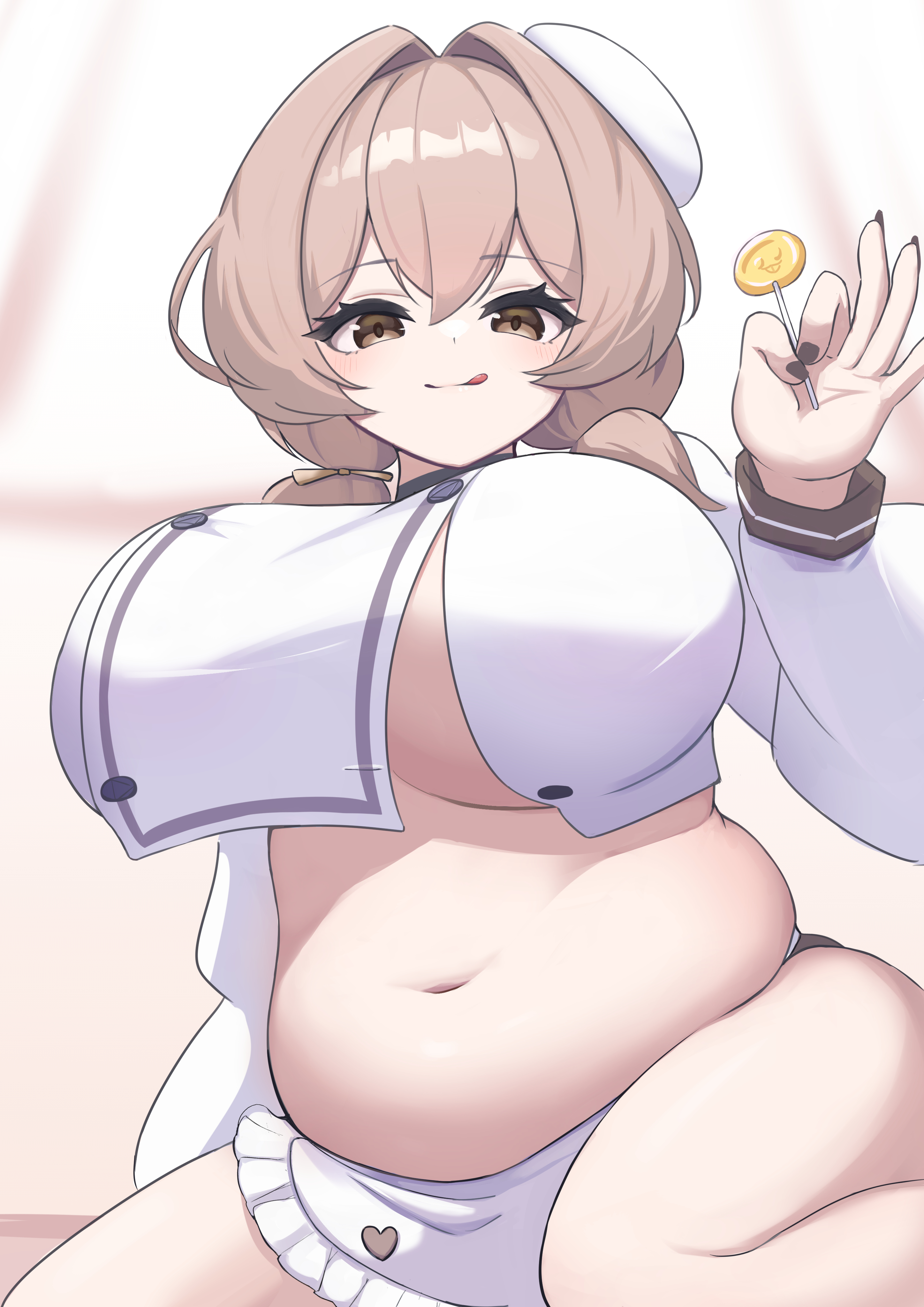 black nails, blush, bready (nikke), chubby, closed mouth, curvy, fat, gigantic breasts, goddess of victory: nikke, holding candy, licking lips, lollipop, plump, smile, thick thighs, underboob, voluptuous, wide hips